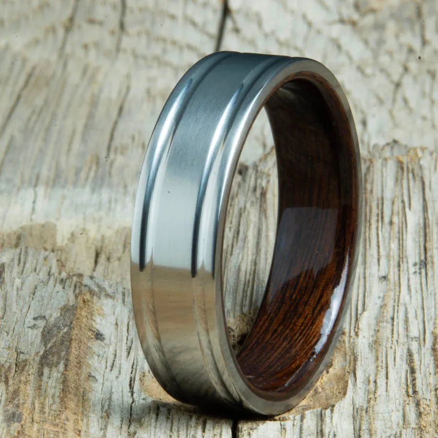 Double grooved satin titanium and Rosewood ring