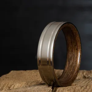 Double grooved satin titanium and Walnut wood ring