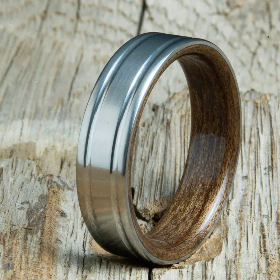 Double grooved satin titanium and Walnut wood ring