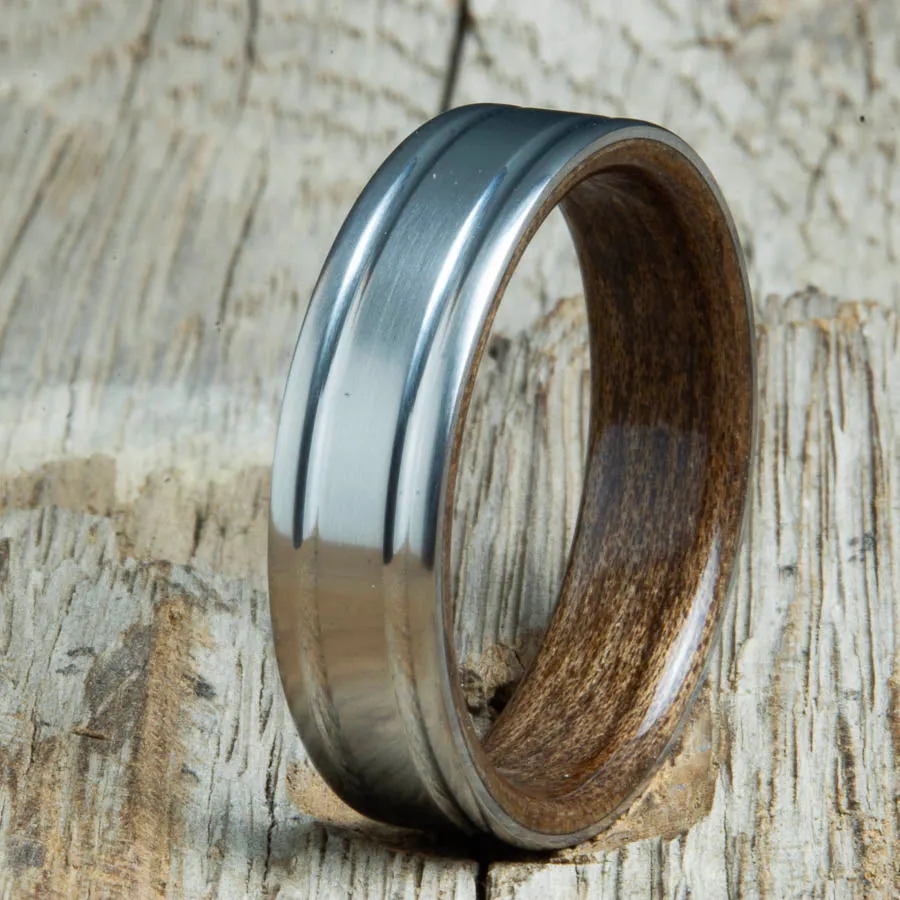 Double grooved satin titanium and Walnut wood ring
