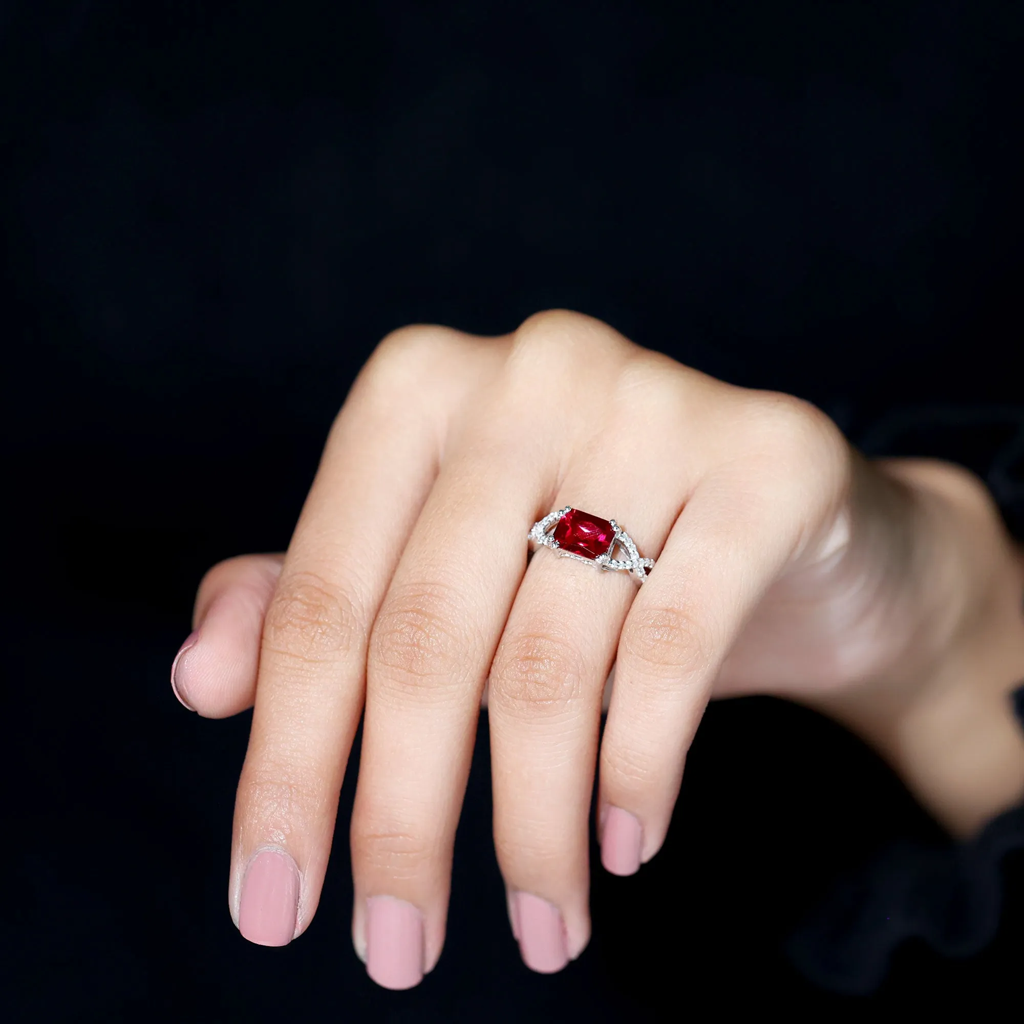 Emerald Cut Created Ruby East-West Crossover Ring with Diamond