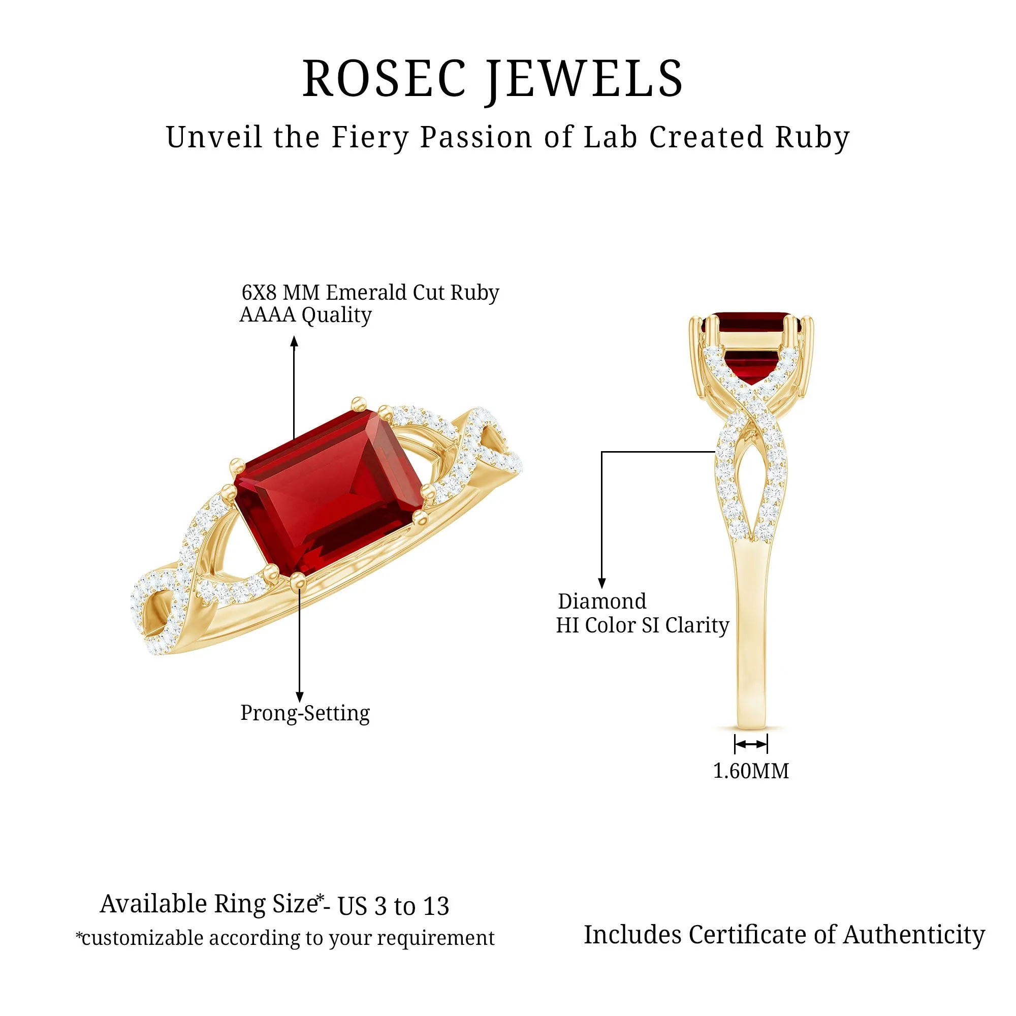 Emerald Cut Created Ruby East-West Crossover Ring with Diamond