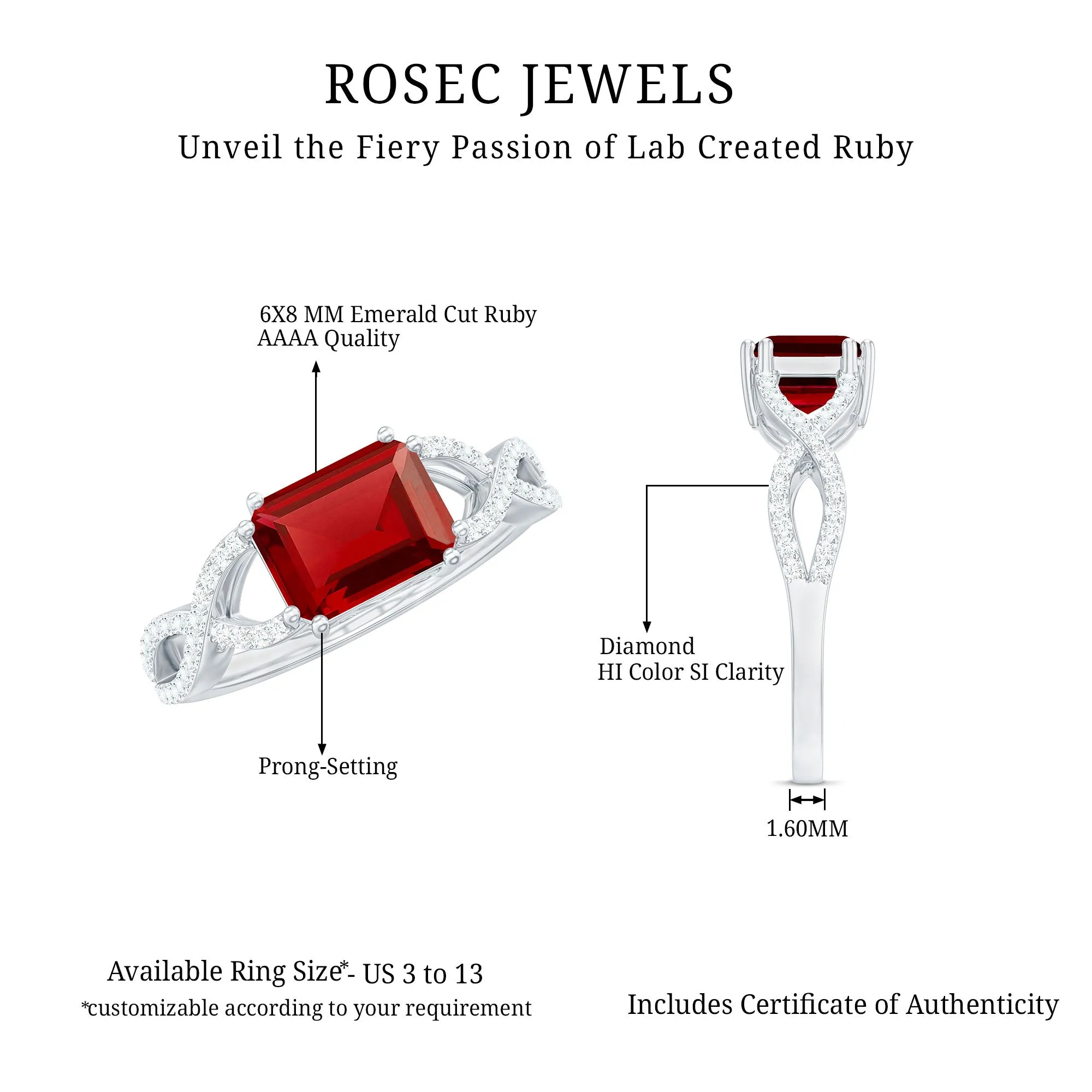 Emerald Cut Created Ruby East-West Crossover Ring with Diamond