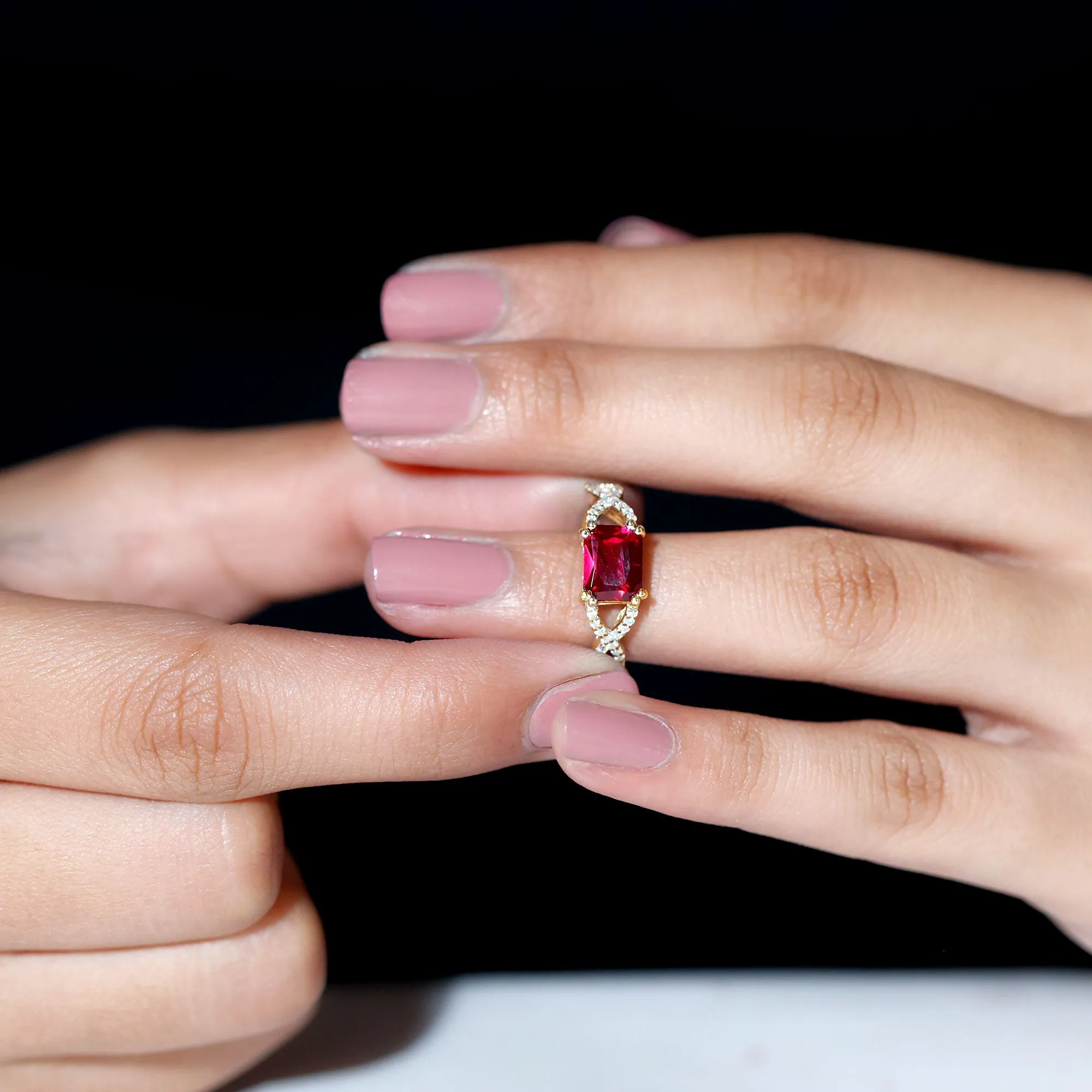 Emerald Cut Created Ruby East-West Crossover Ring with Diamond