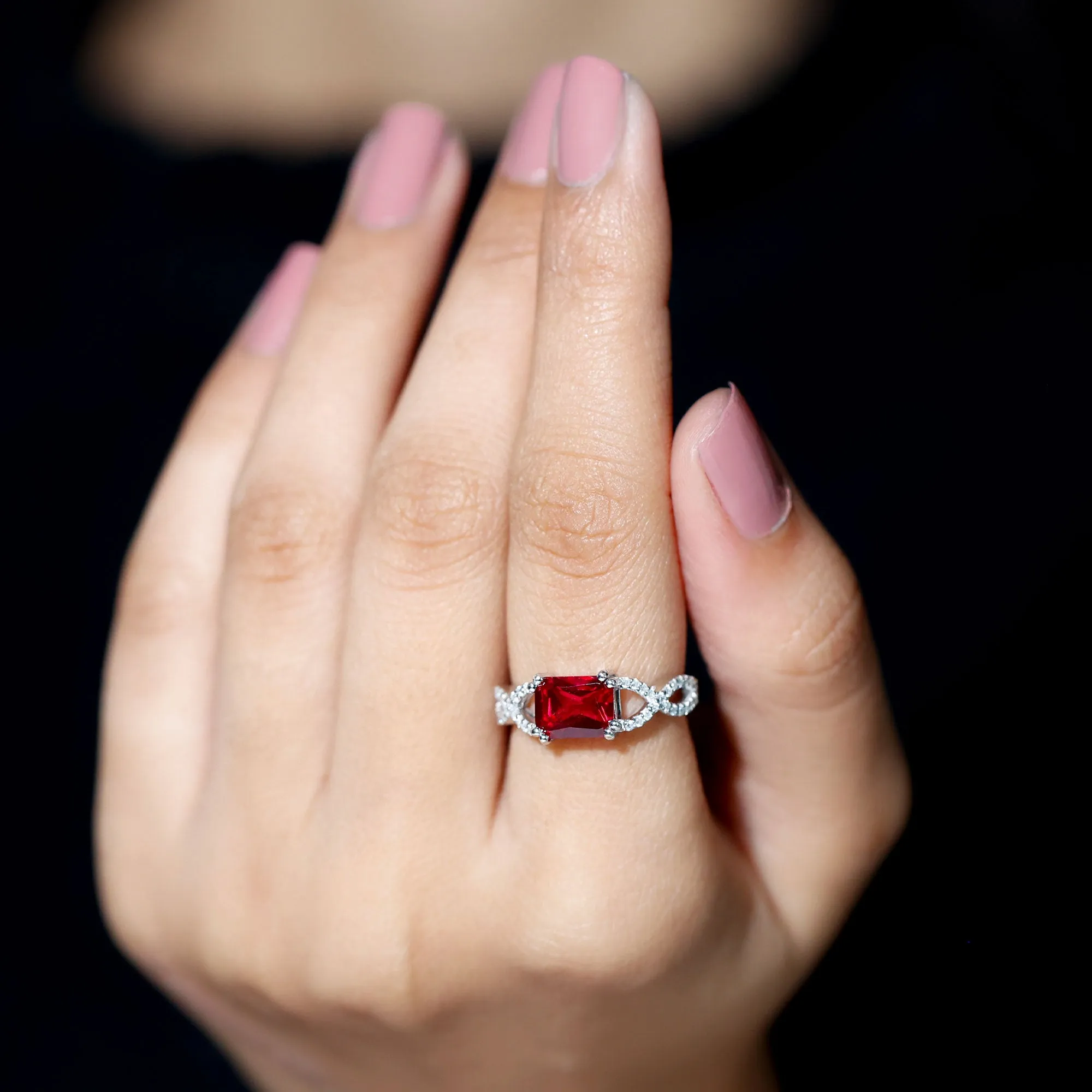 Emerald Cut Created Ruby East-West Crossover Ring with Diamond