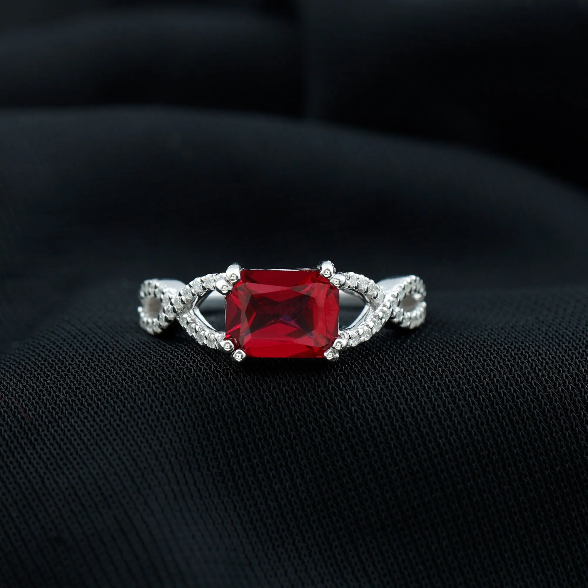 Emerald Cut Created Ruby East-West Crossover Ring with Diamond