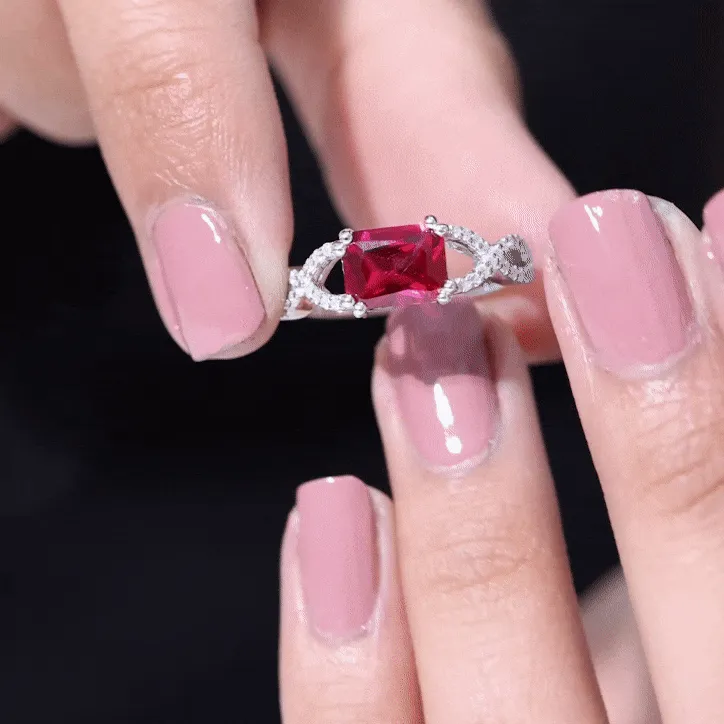 Emerald Cut Created Ruby East-West Crossover Ring with Diamond