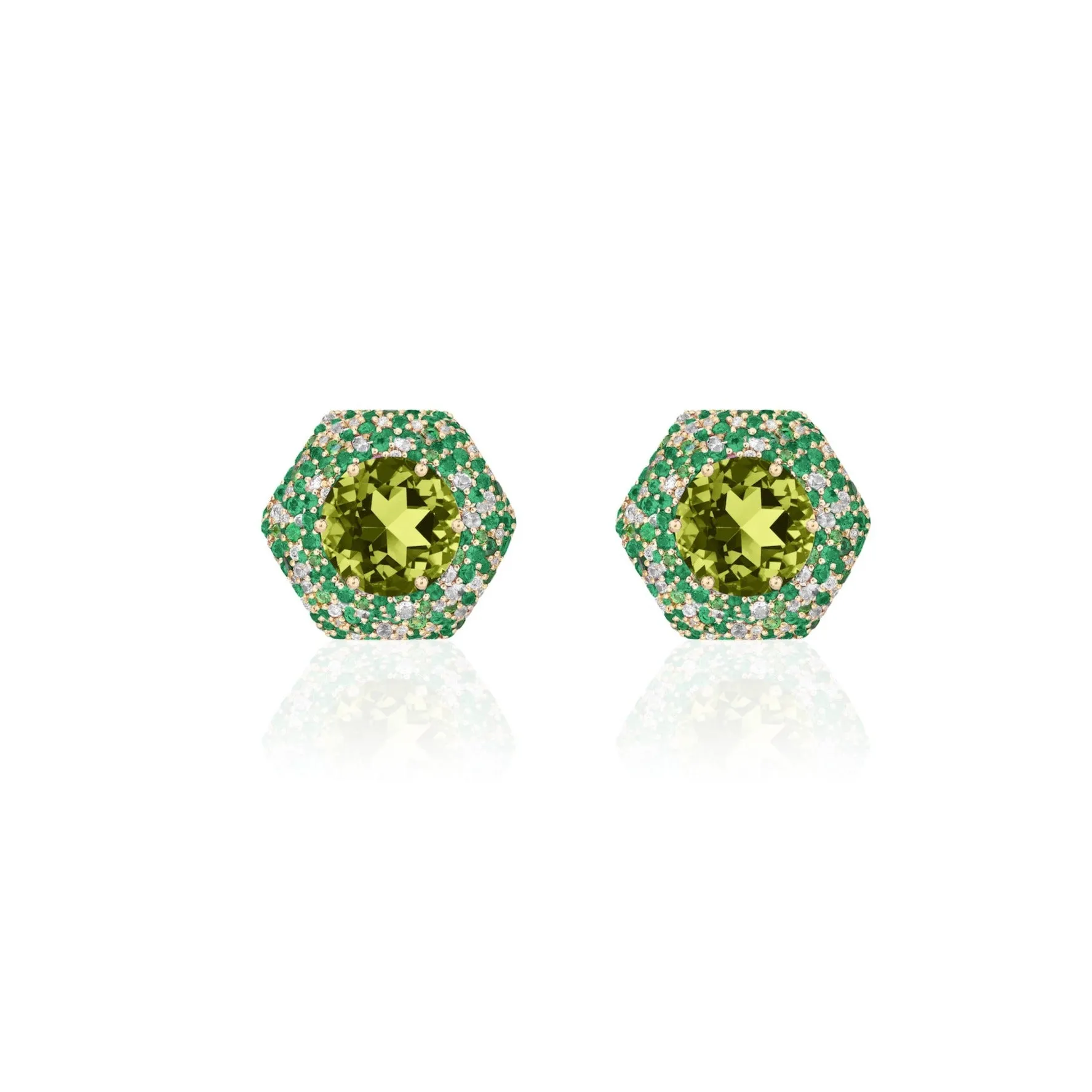 Faceted Round Peridot Studs with Tsavorite and Diamond