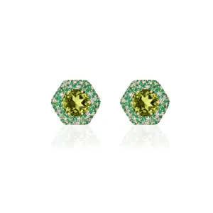 Faceted Round Peridot Studs with Tsavorite and Diamond