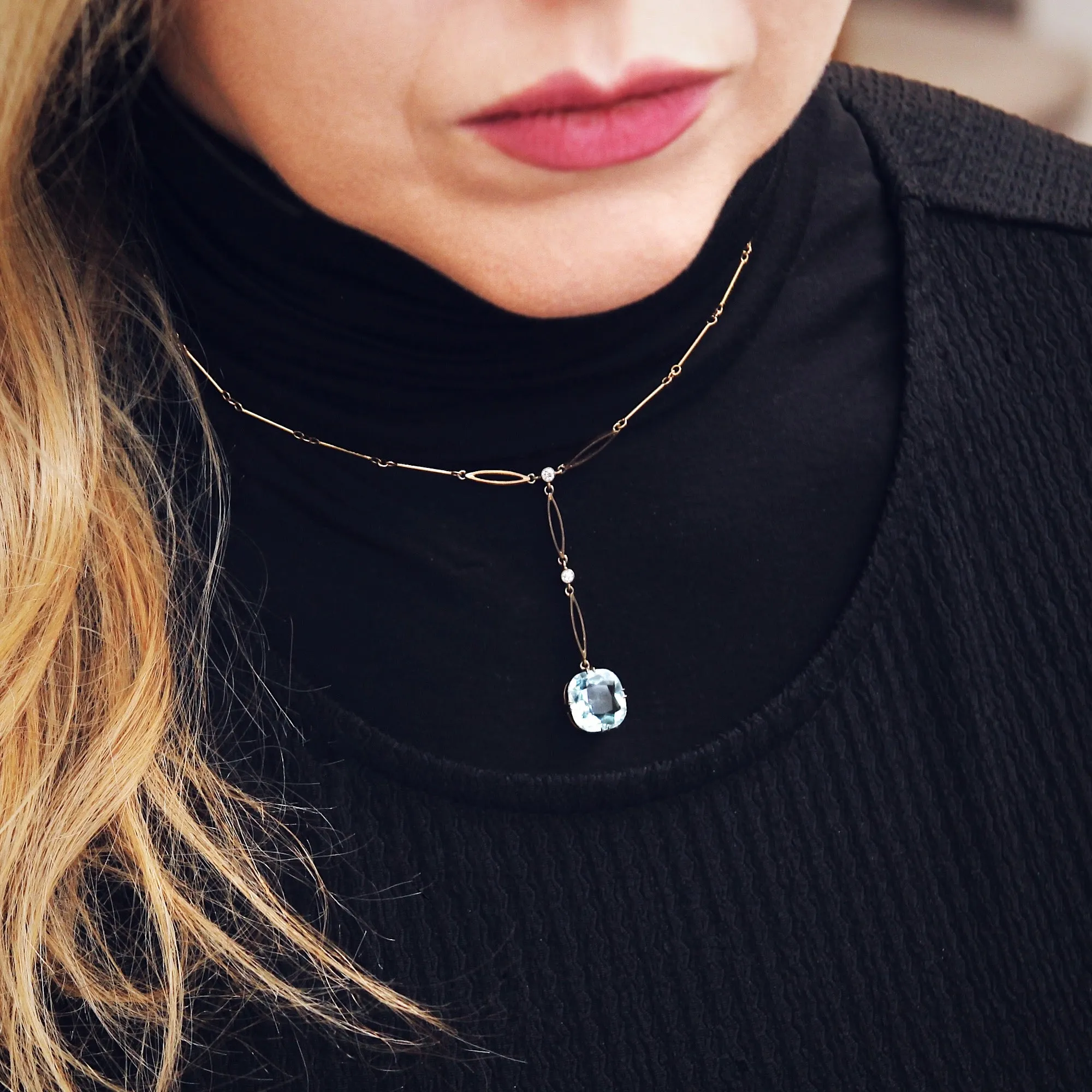 Finest Edwardian Aquamarine & Diamond Lavaliere Necklace