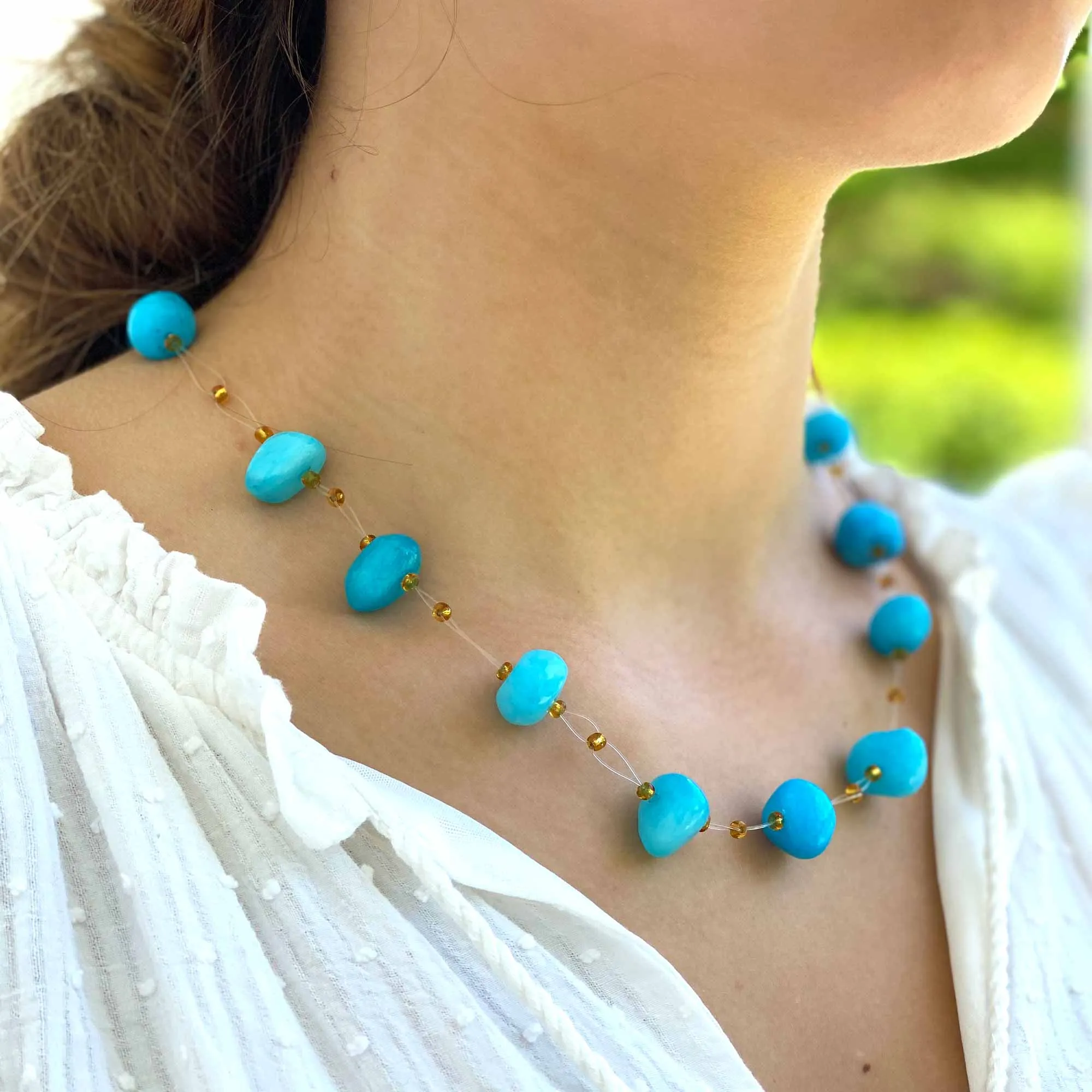 Floating Stone & Maasai Bead Necklace Aquamarine Blue