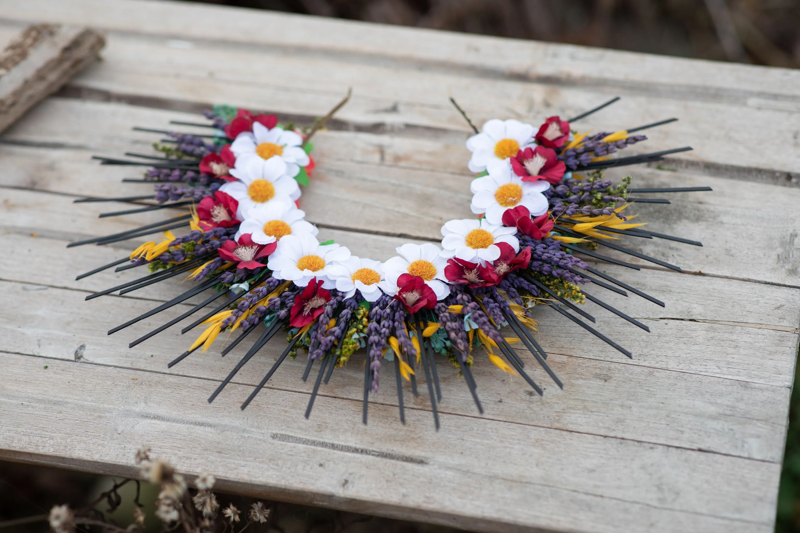 Folk flower halo crown Wedding headpiece Slavic wedding Meadow met gala crown Sun crown Bridal crown with spikes Two sided crown Magaela