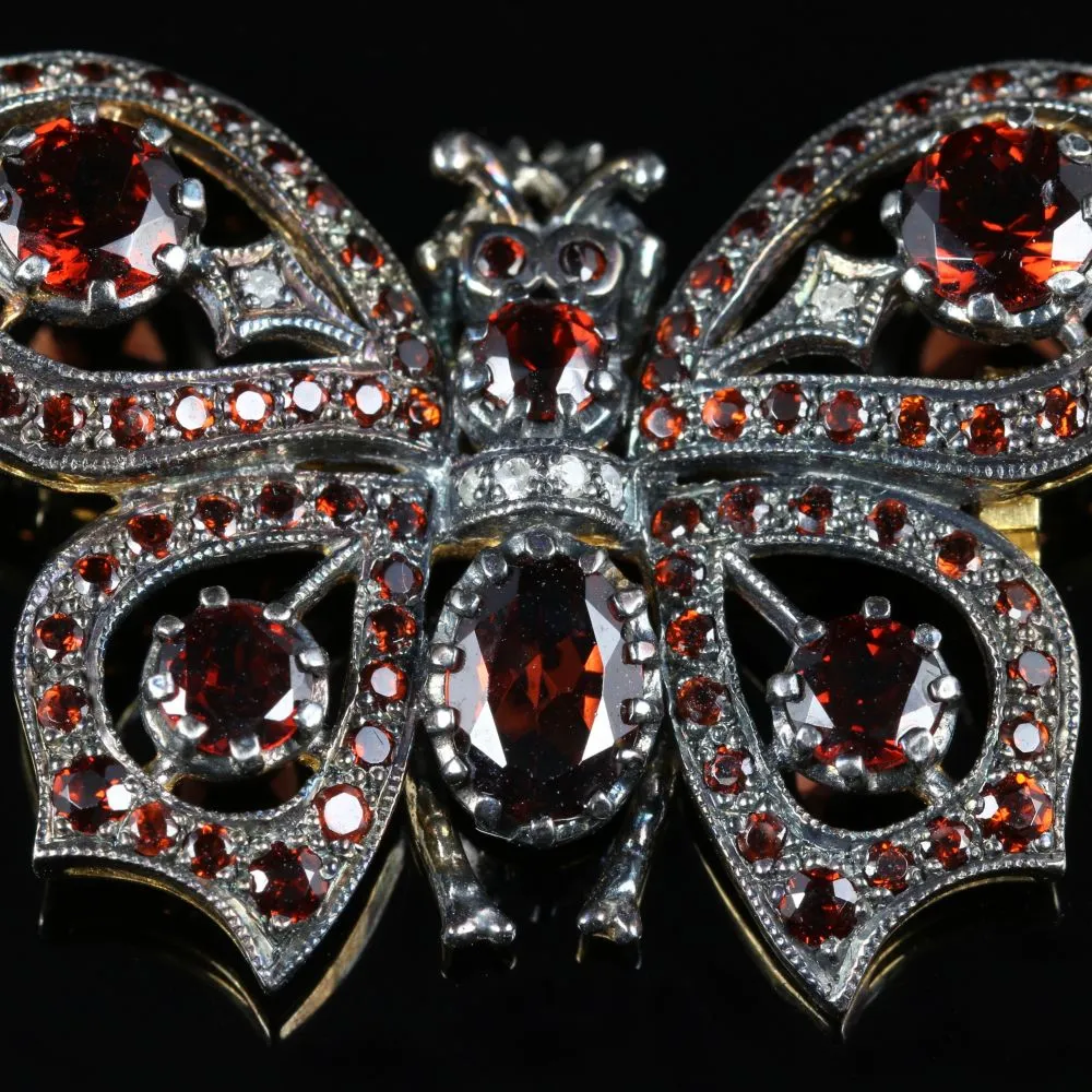 Garnet Diamond Butterfly Brooch 18Ct Gold And Silver