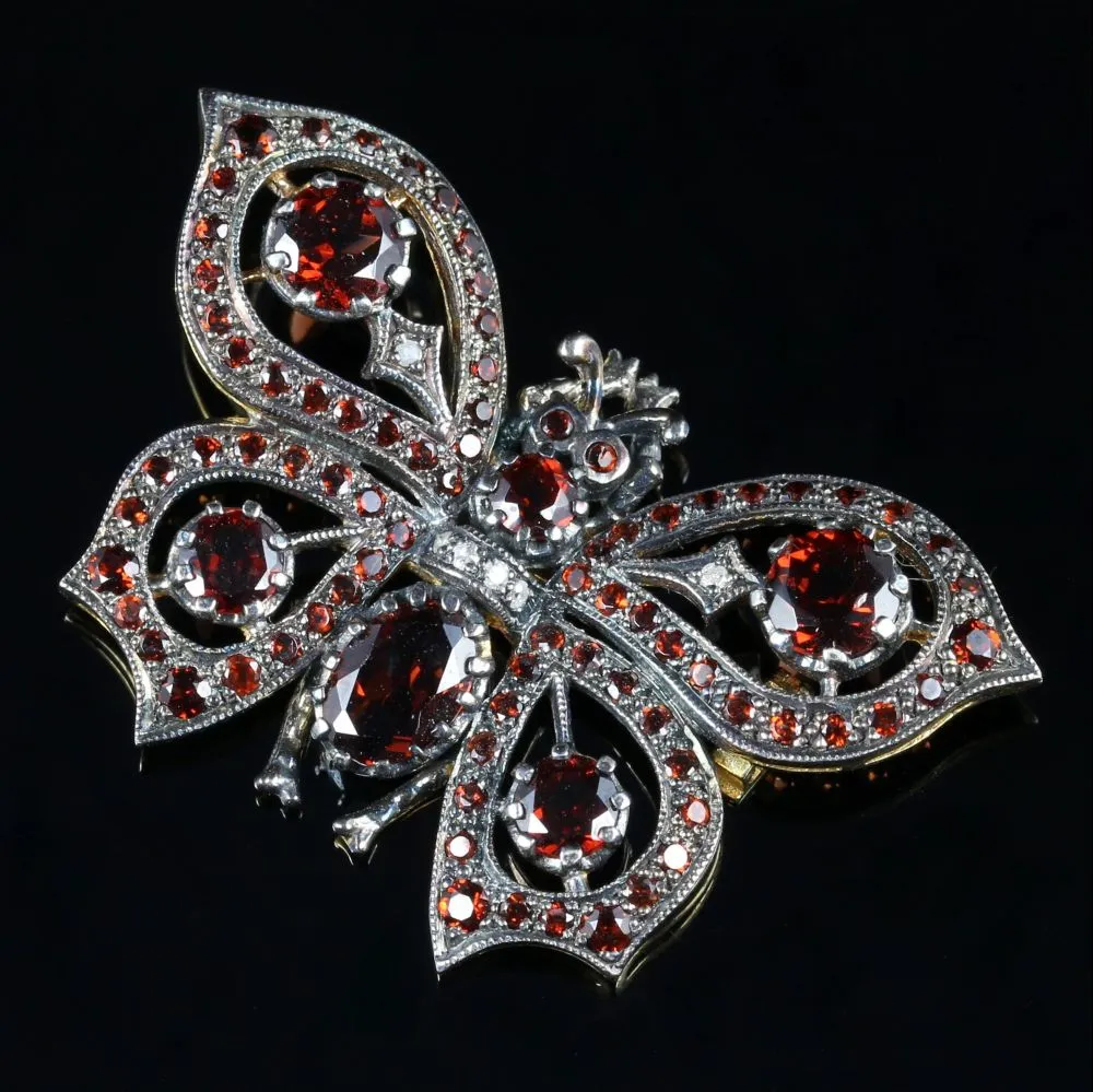 Garnet Diamond Butterfly Brooch 18Ct Gold And Silver
