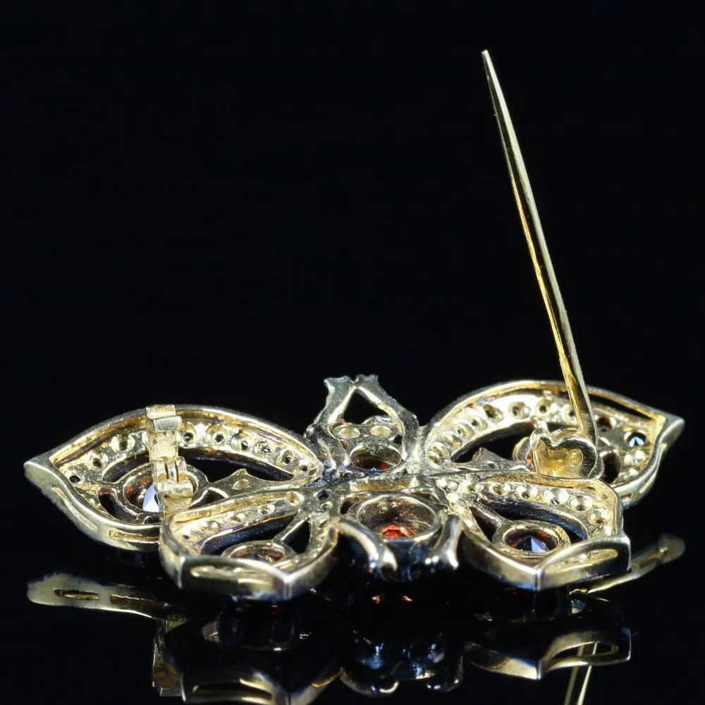 Garnet Diamond Butterfly Brooch 18Ct Gold And Silver
