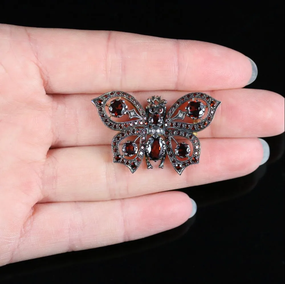 Garnet Diamond Butterfly Brooch 18Ct Gold And Silver