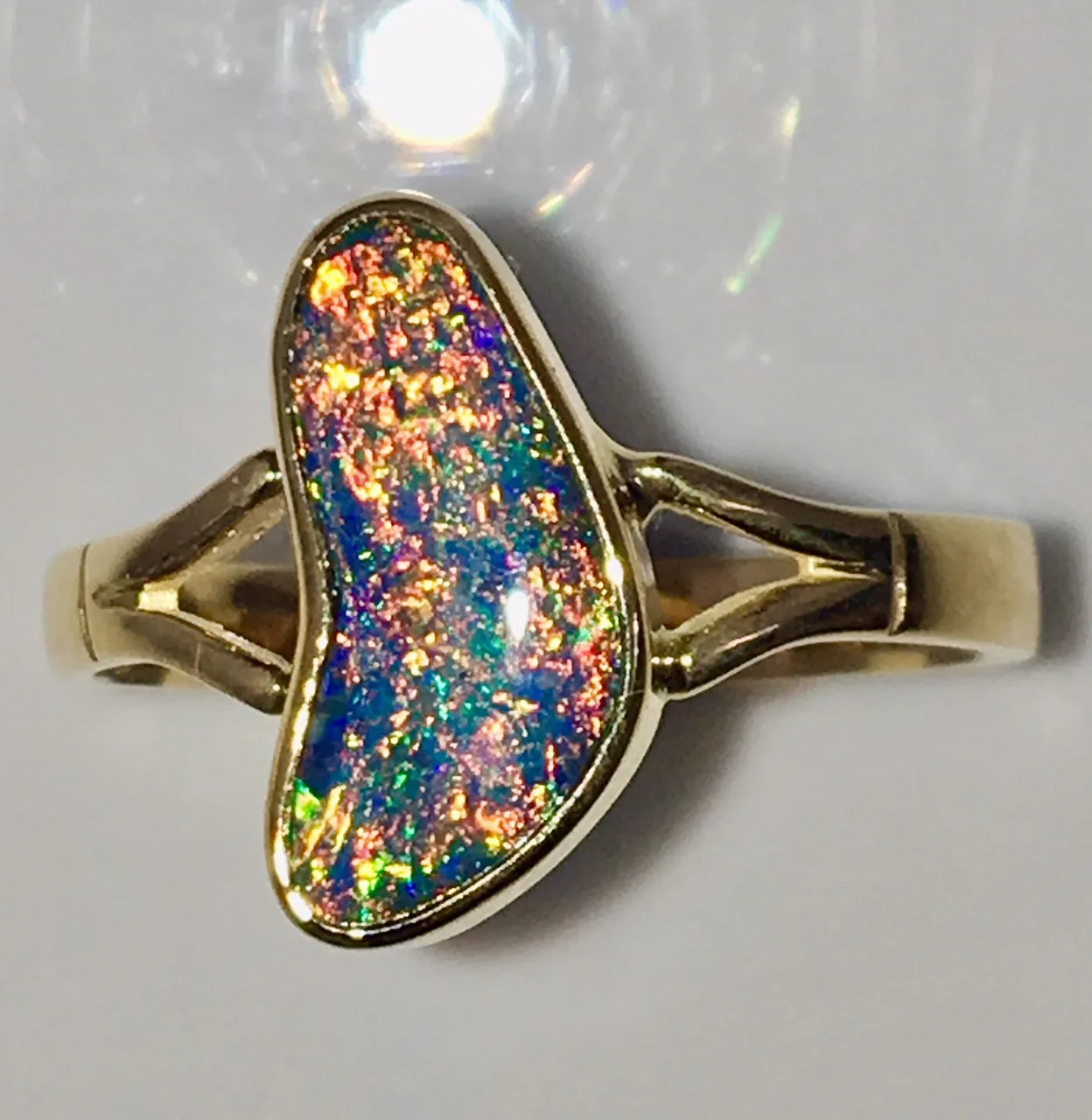 Gold Multi Coloured solid  boulder opal from Quilpie , 18K Ring