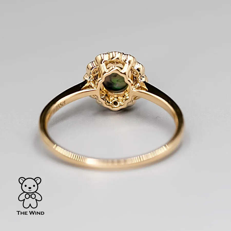 Halo Diamond Australian Semi-Black Opal Tsavorite Engagement Ring 18K Yellow Gold