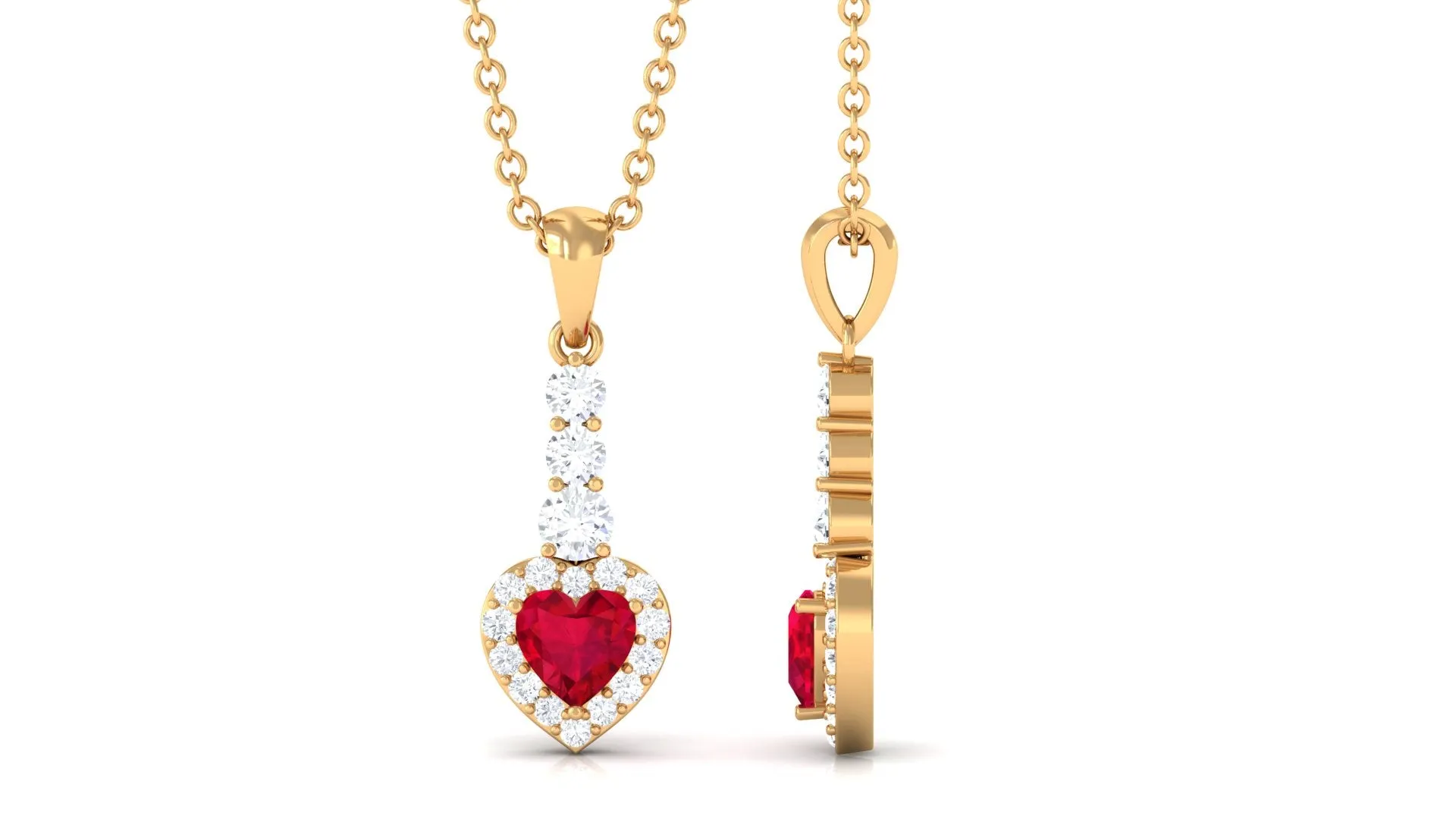 Heart Shape Created Ruby and Diamond Dangle Pendant