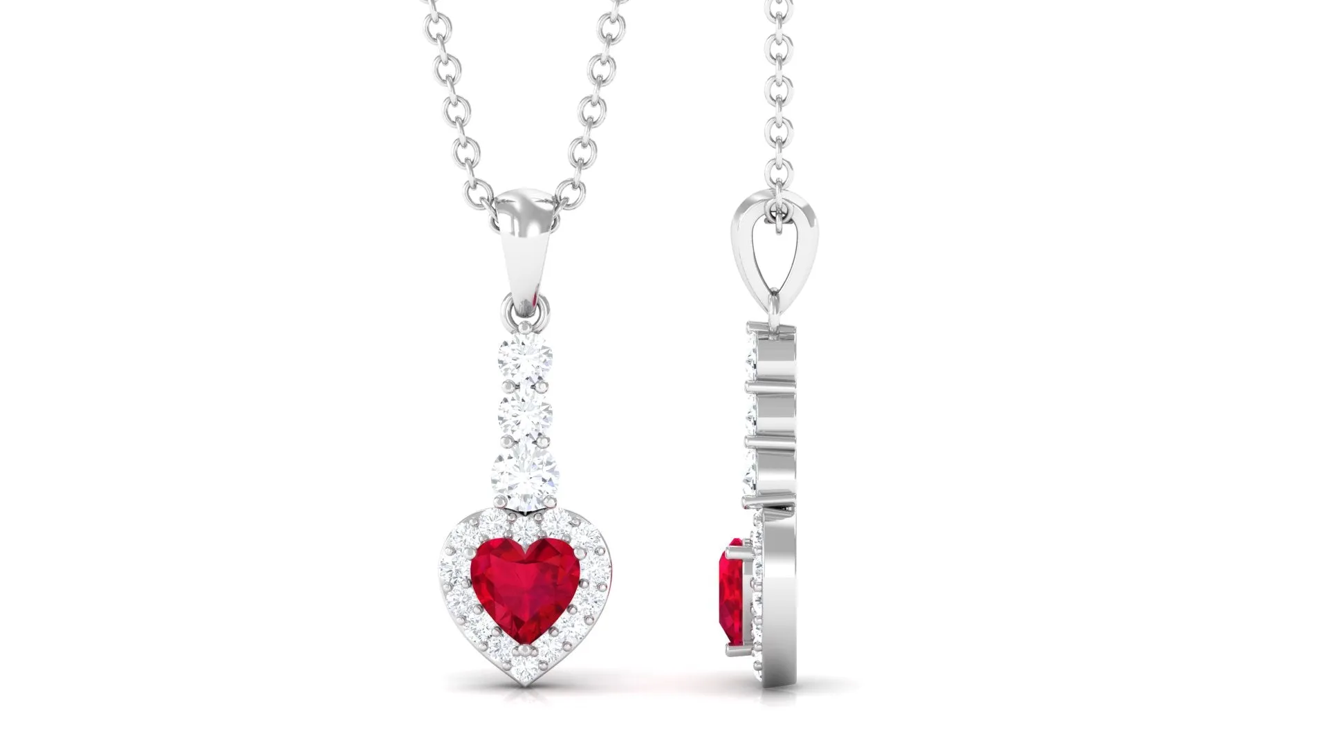 Heart Shape Created Ruby and Diamond Dangle Pendant