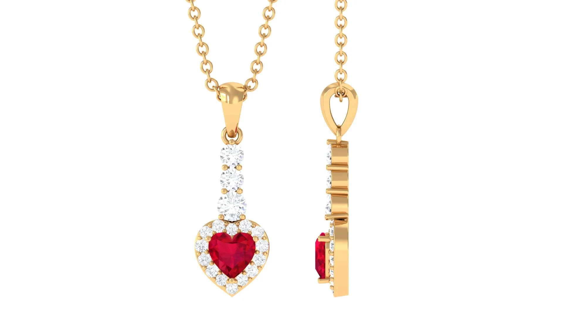Heart Shape Created Ruby and Diamond Dangle Pendant