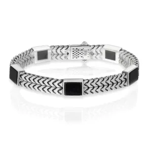 Herringbone Bracelet with Black Enamel Rectangles, Rhodium Plated .925 Sterling Silver