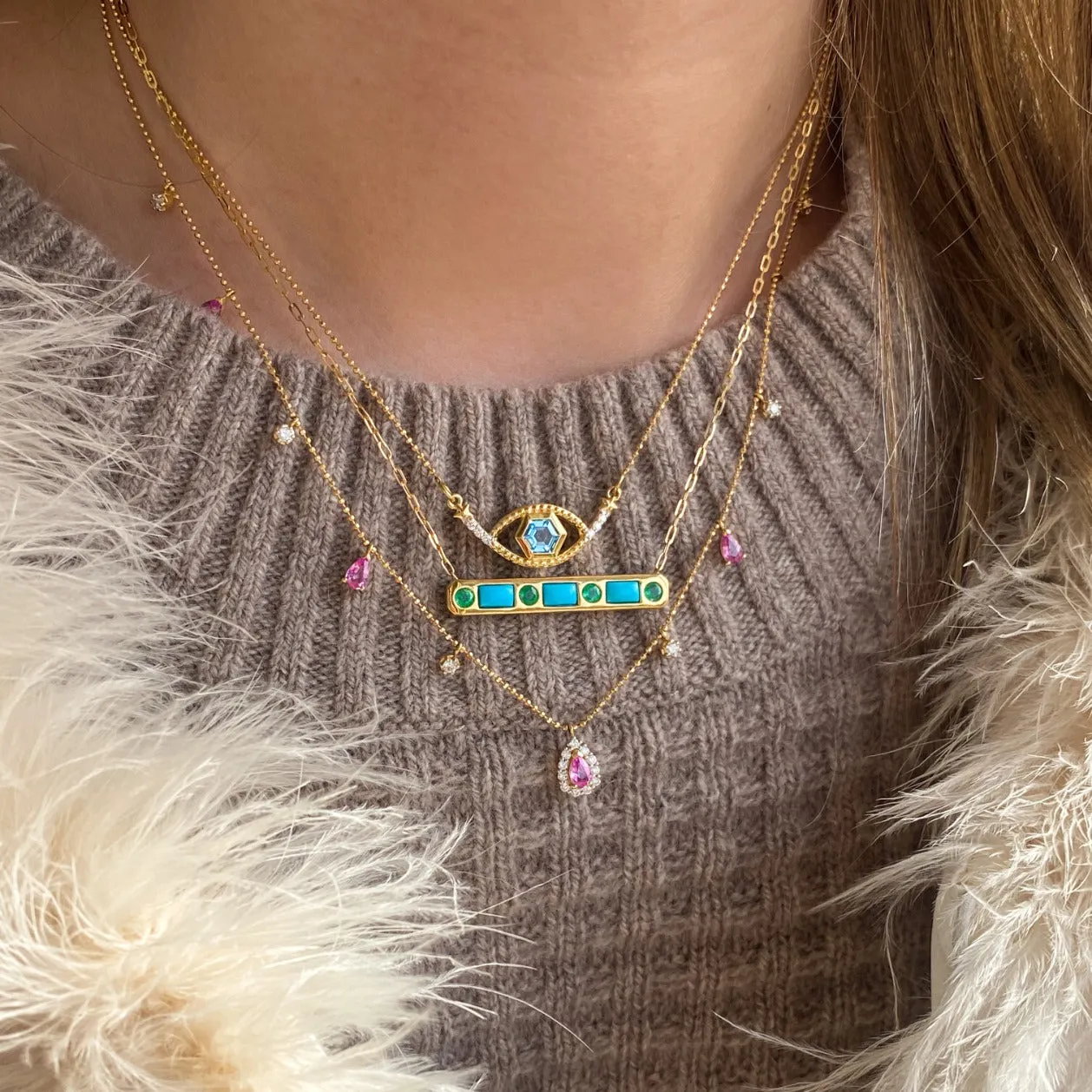 Honeycomb Gemstone & Diamond 18K Evil Eye Necklace