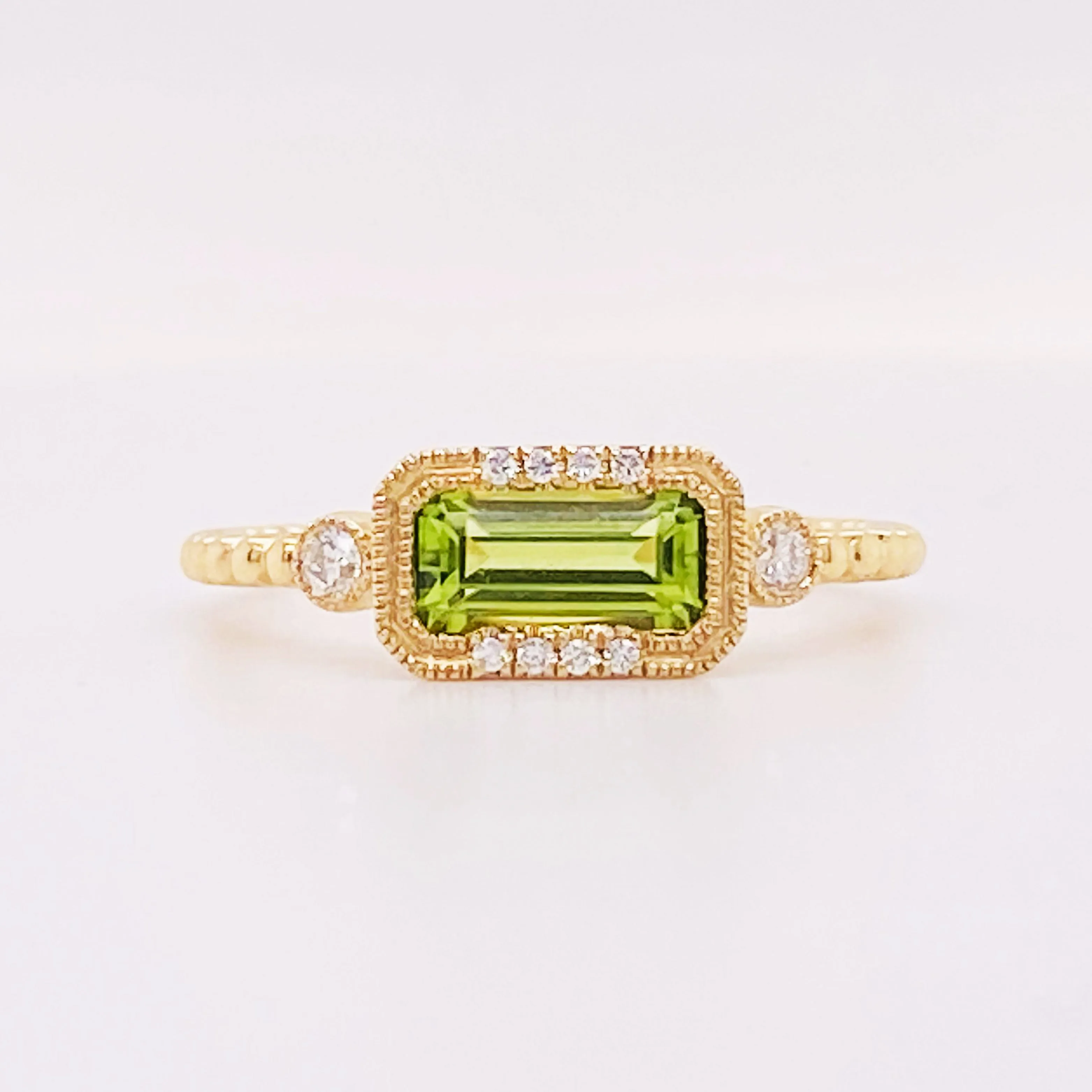 Horizontal Peridot & Diamond Ring