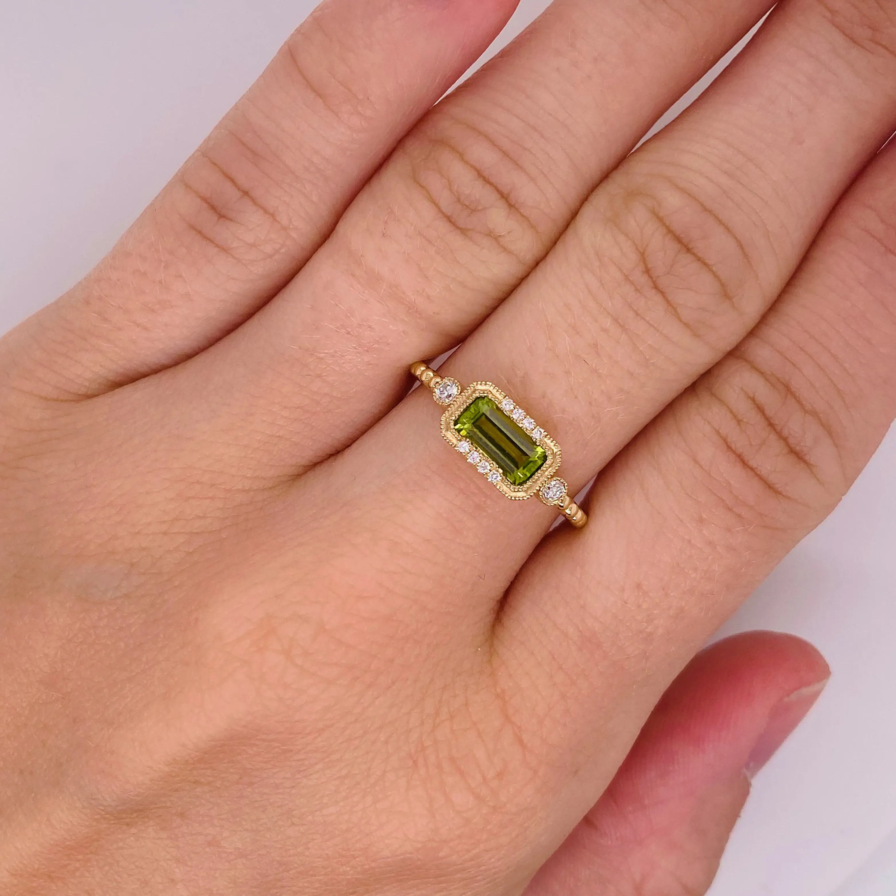 Horizontal Peridot & Diamond Ring