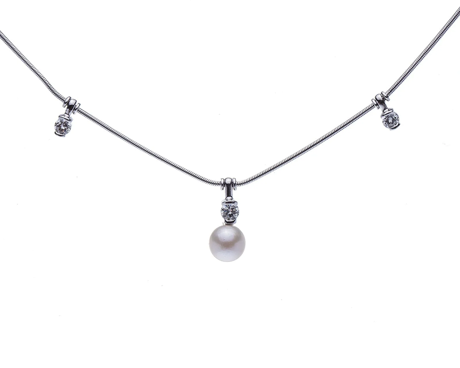 Jose Hess Diamond and Cultured Pearl Station Necklace in 18k White Gold