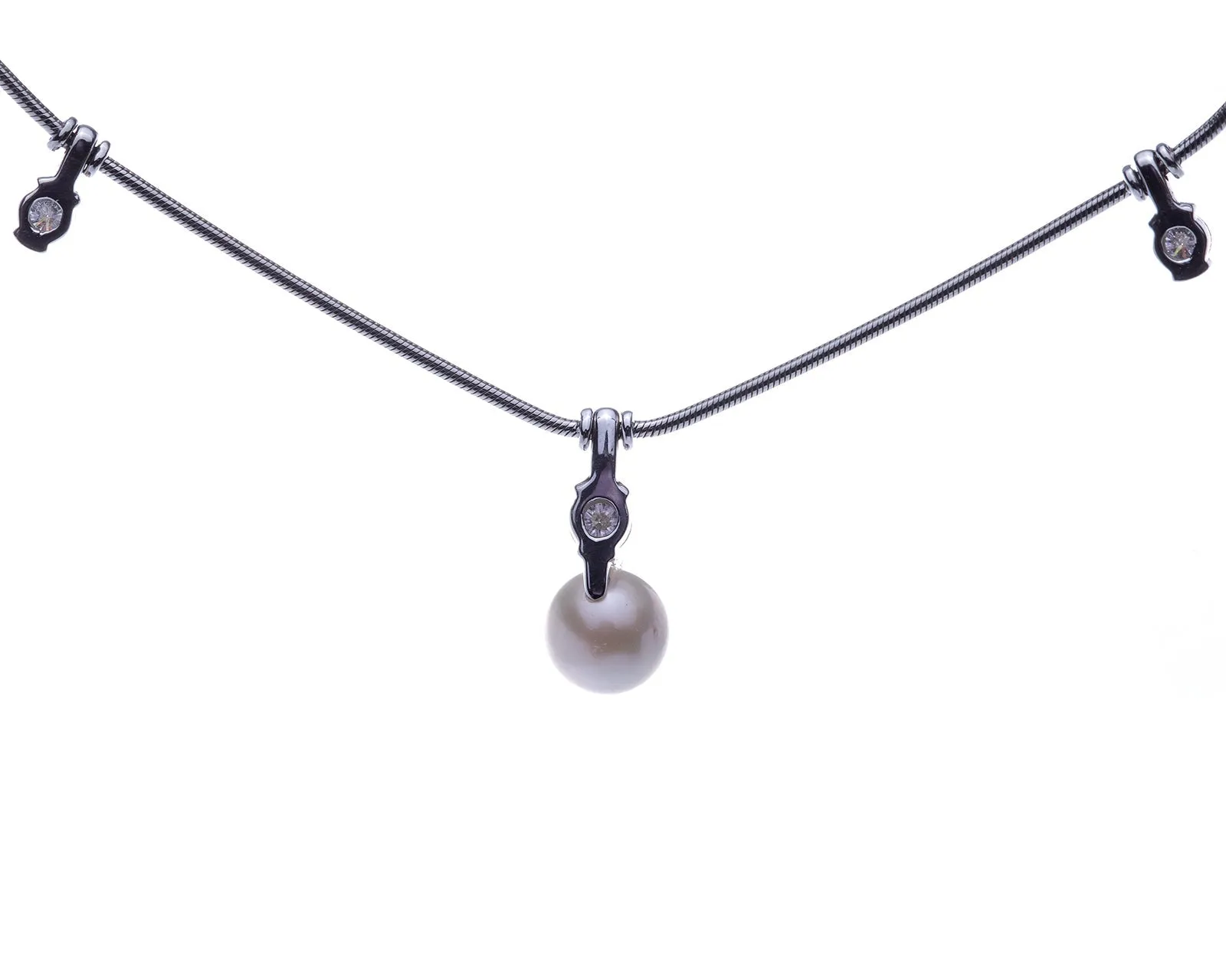 Jose Hess Diamond and Cultured Pearl Station Necklace in 18k White Gold