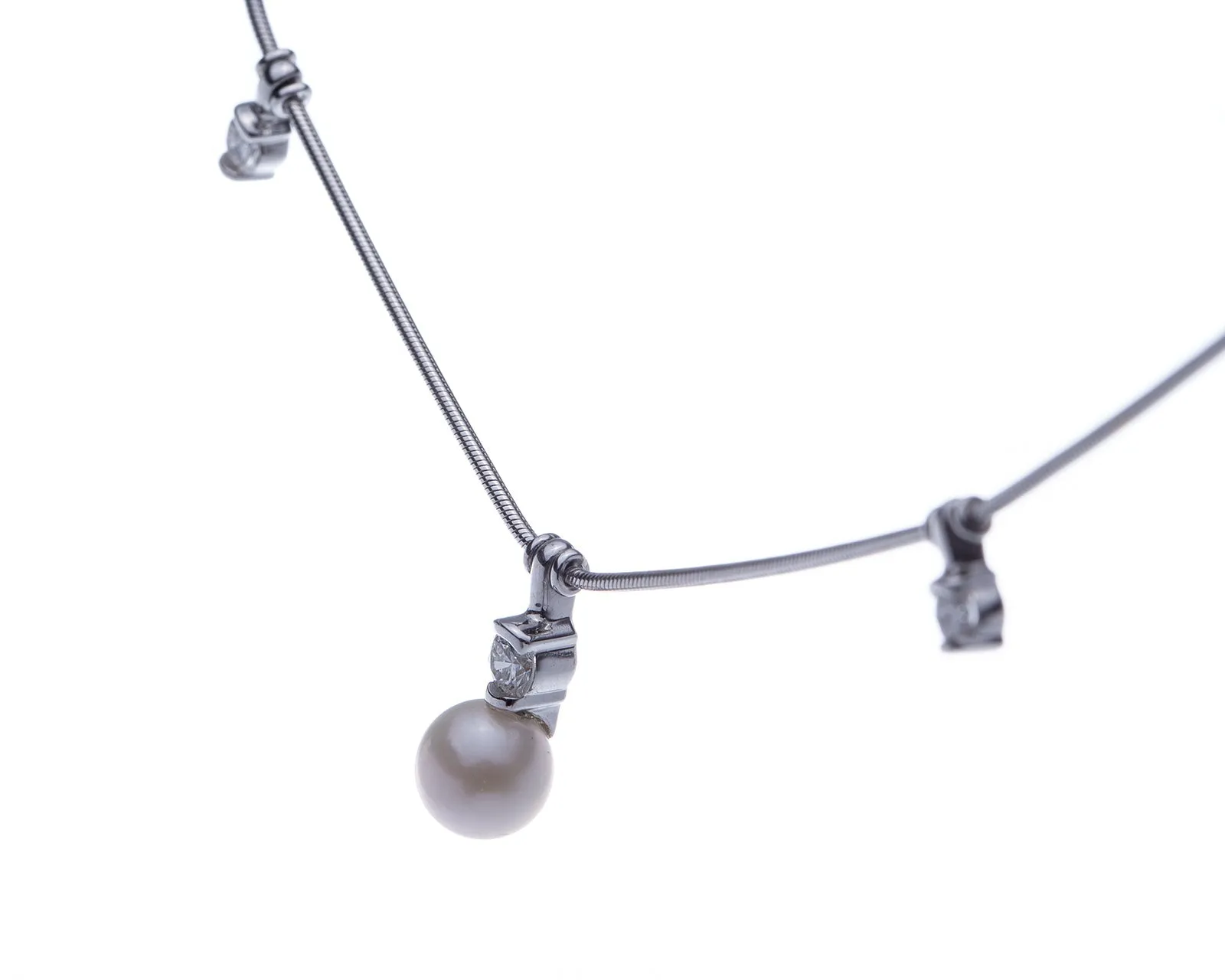 Jose Hess Diamond and Cultured Pearl Station Necklace in 18k White Gold
