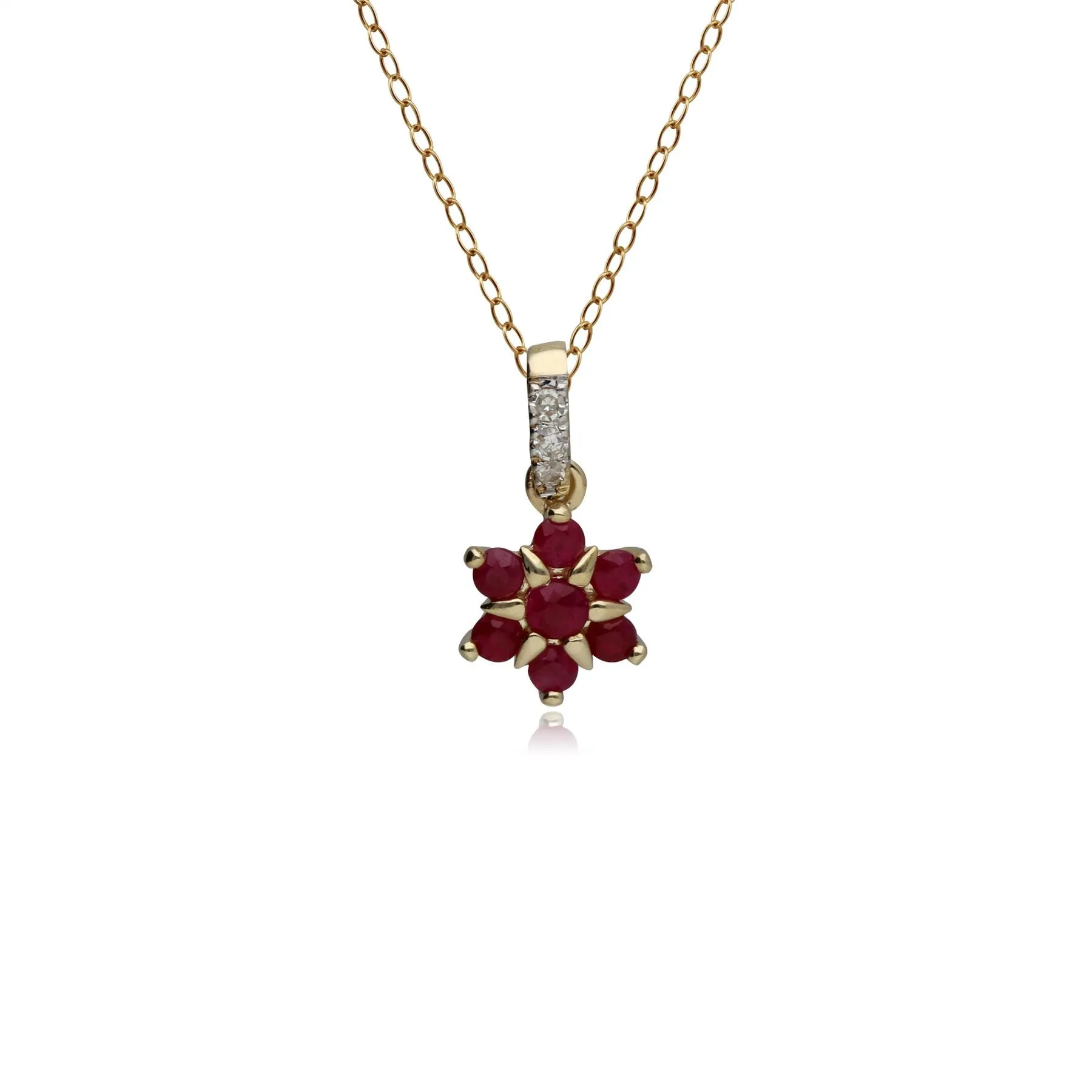 Klassischer Rubin & Diamant Blumenförmiger Anhänger in 9ct Gelb Gold
