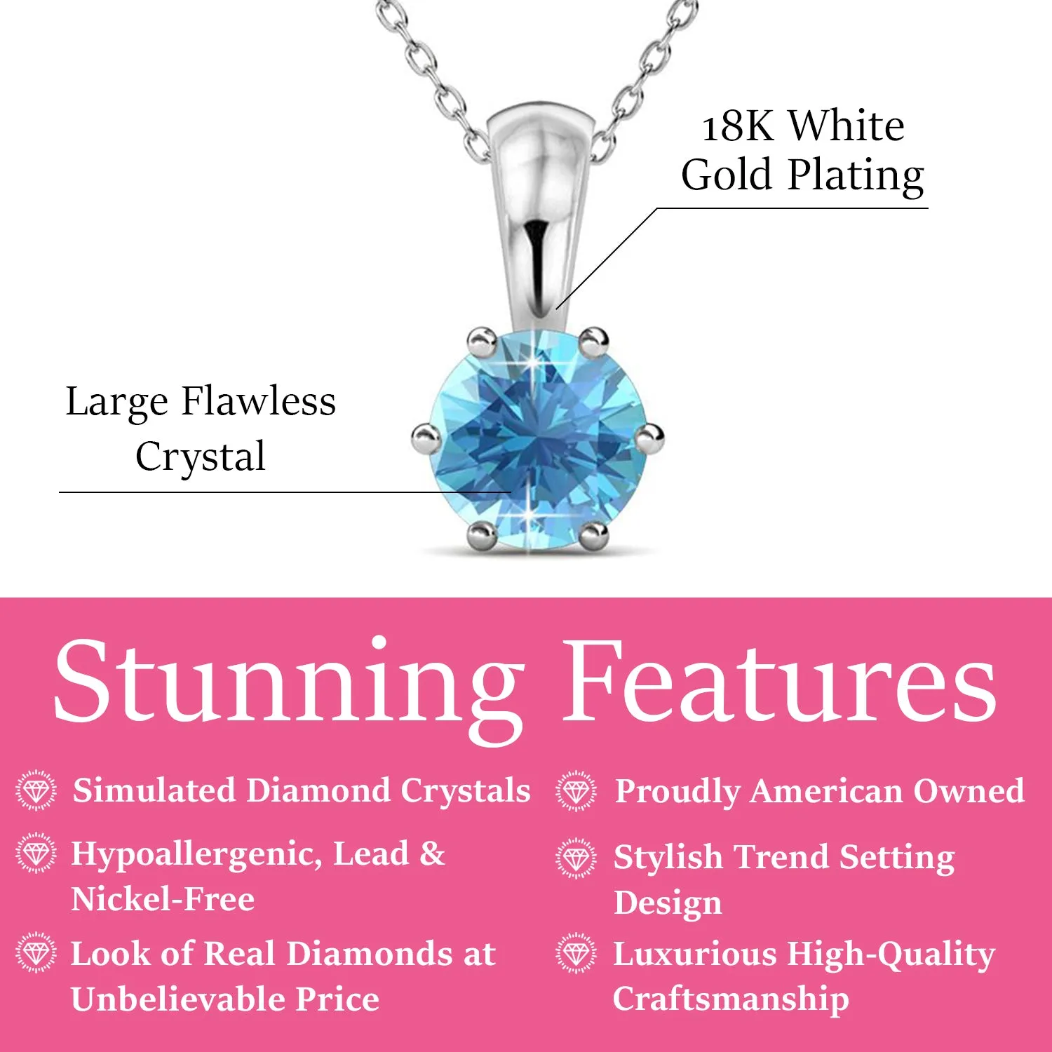 March Birthstone Aquamarine Necklace 18k White Gold Plated Solitaire Necklace with 1CT Swarovski Crystal