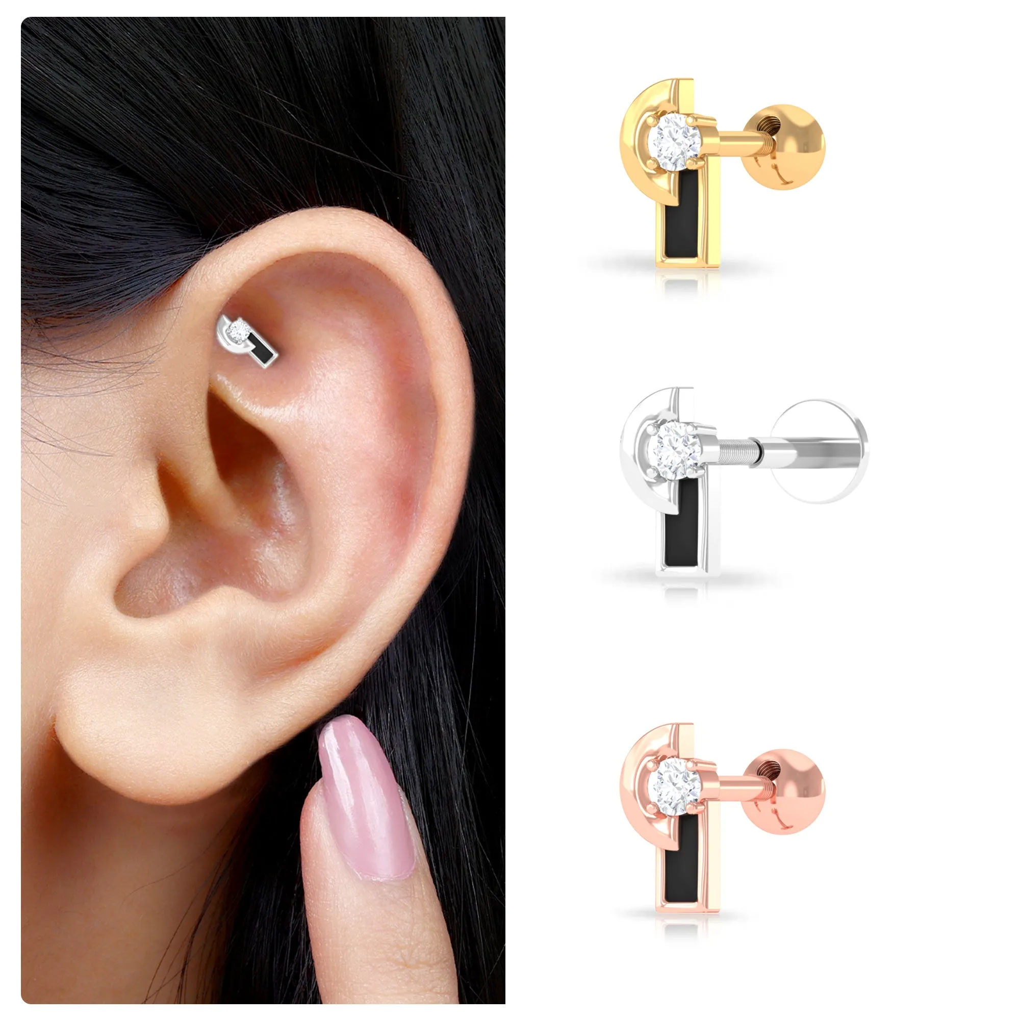 Minimalist Diamond and Black Enamel Tragus Earring