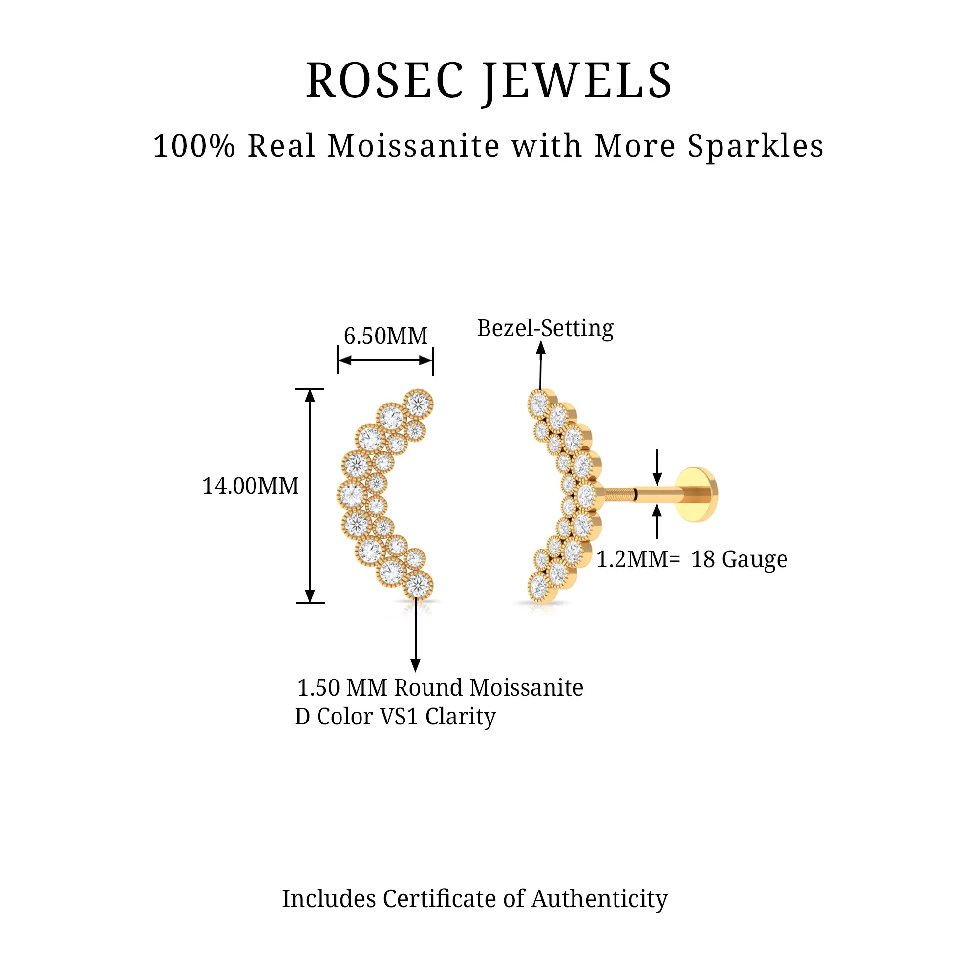 Moissanite Curved Helix Earring in Milgrain Bezel Setting