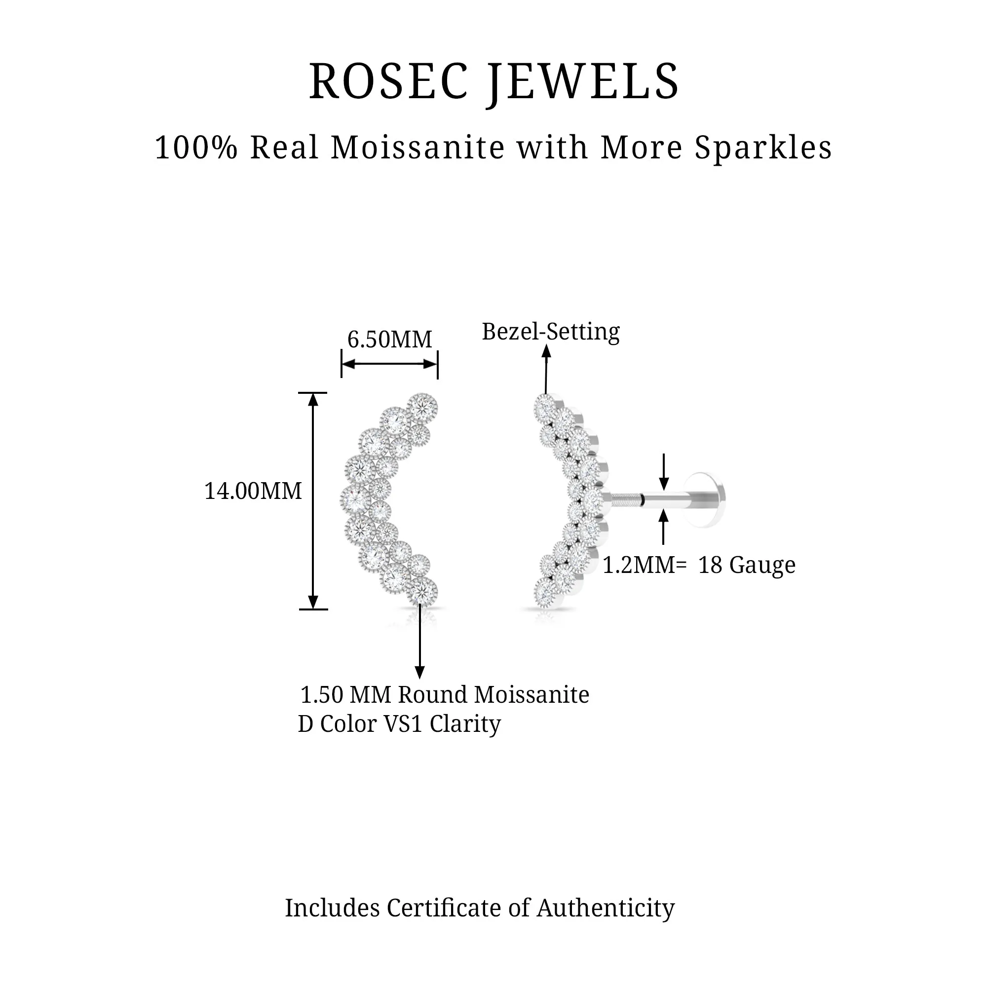 Moissanite Curved Helix Earring in Milgrain Bezel Setting