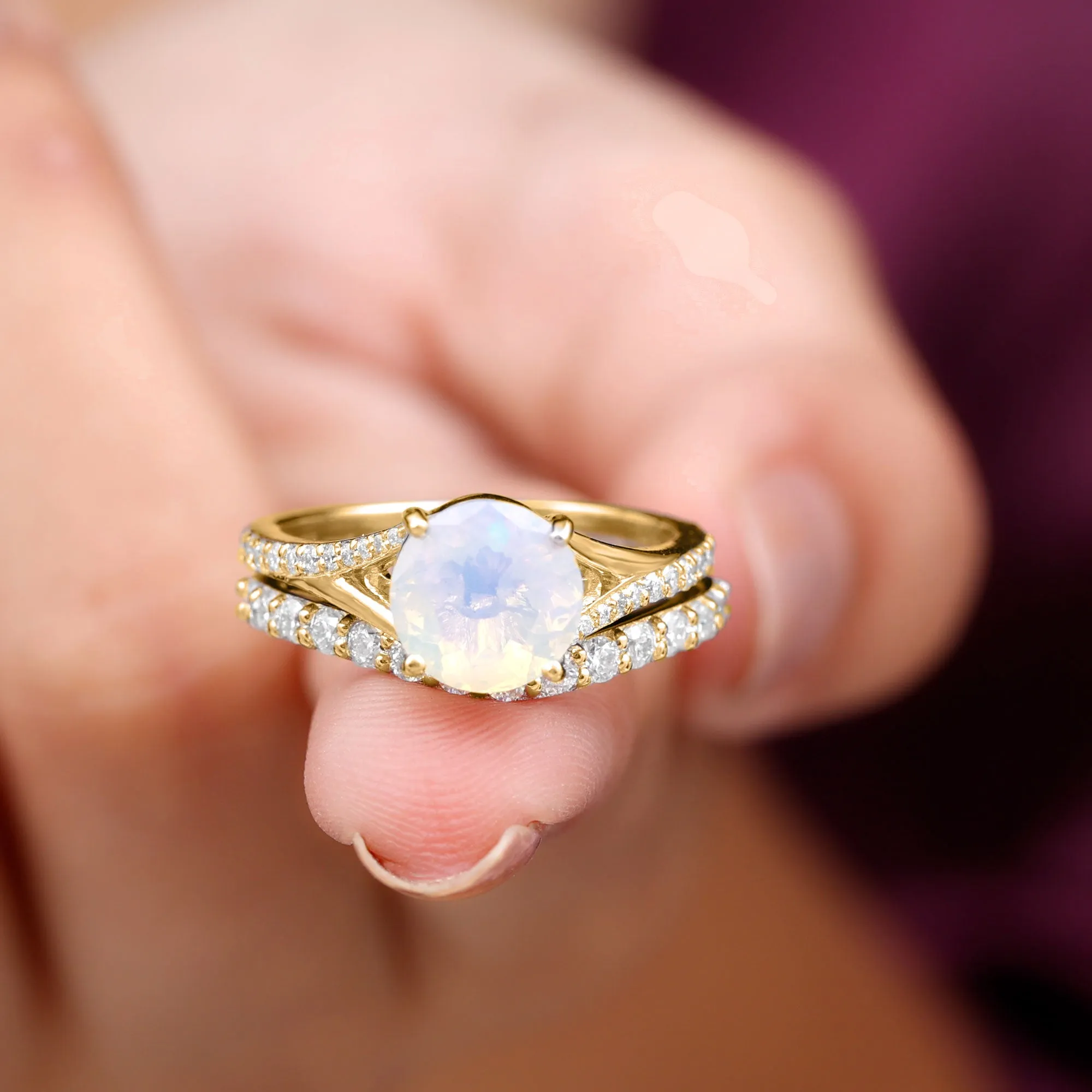 Natural Ethiopian Opal Bridal Ring Set with Moissanite
