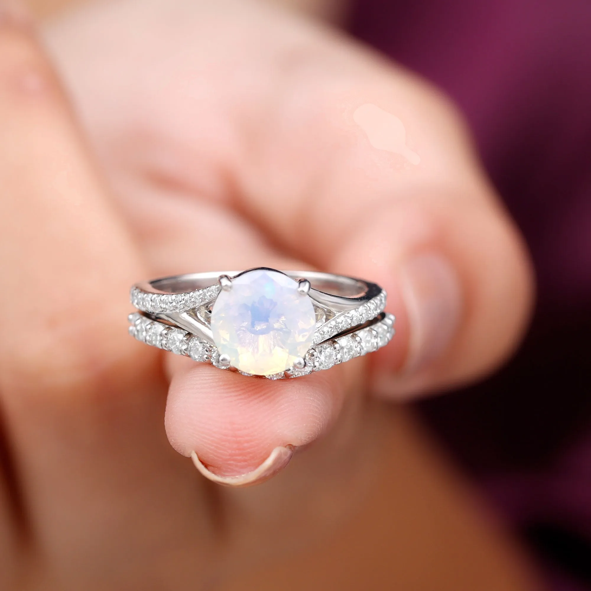 Natural Ethiopian Opal Bridal Ring Set with Moissanite