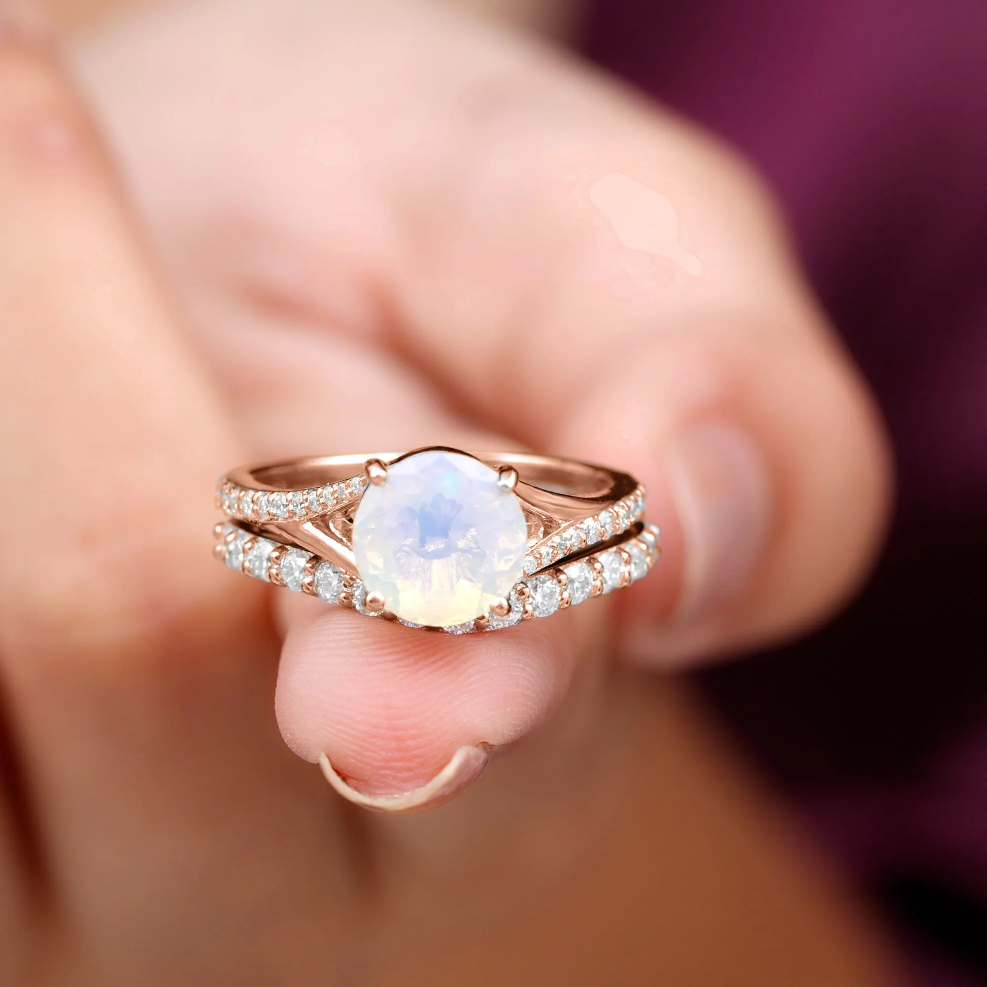 Natural Ethiopian Opal Bridal Ring Set with Moissanite