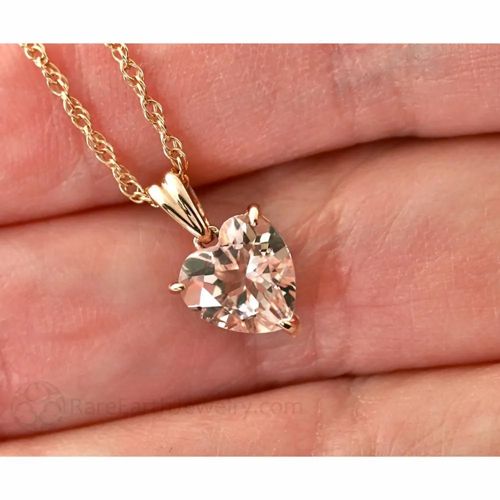 Natural Morganite Necklace Peach Pink Heart Pendant 14K Rose Gold