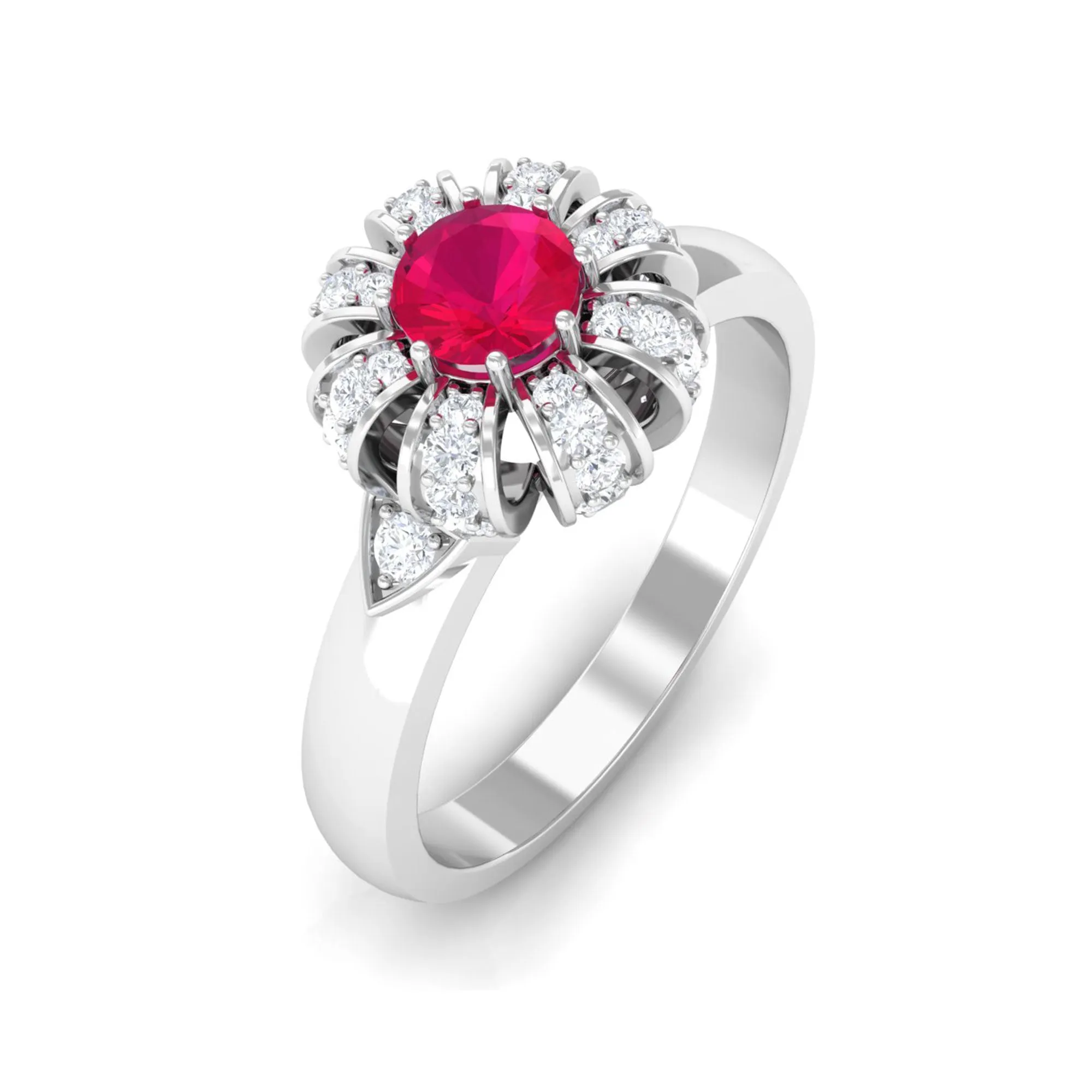 Natural Ruby Flower Promise Ring with Diamond