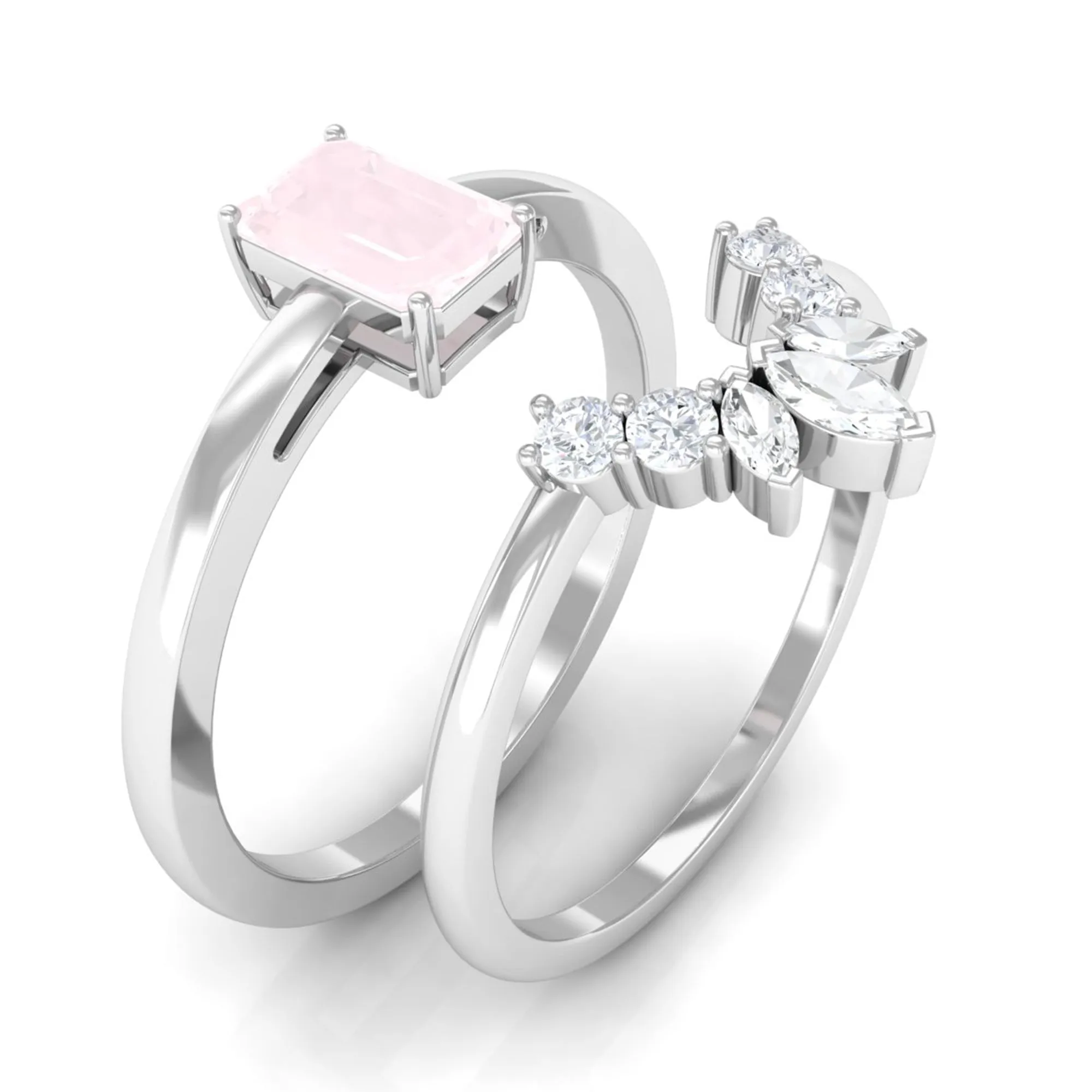 Octagon Cut Rose Quartz Wedding Ring Set with Diamond