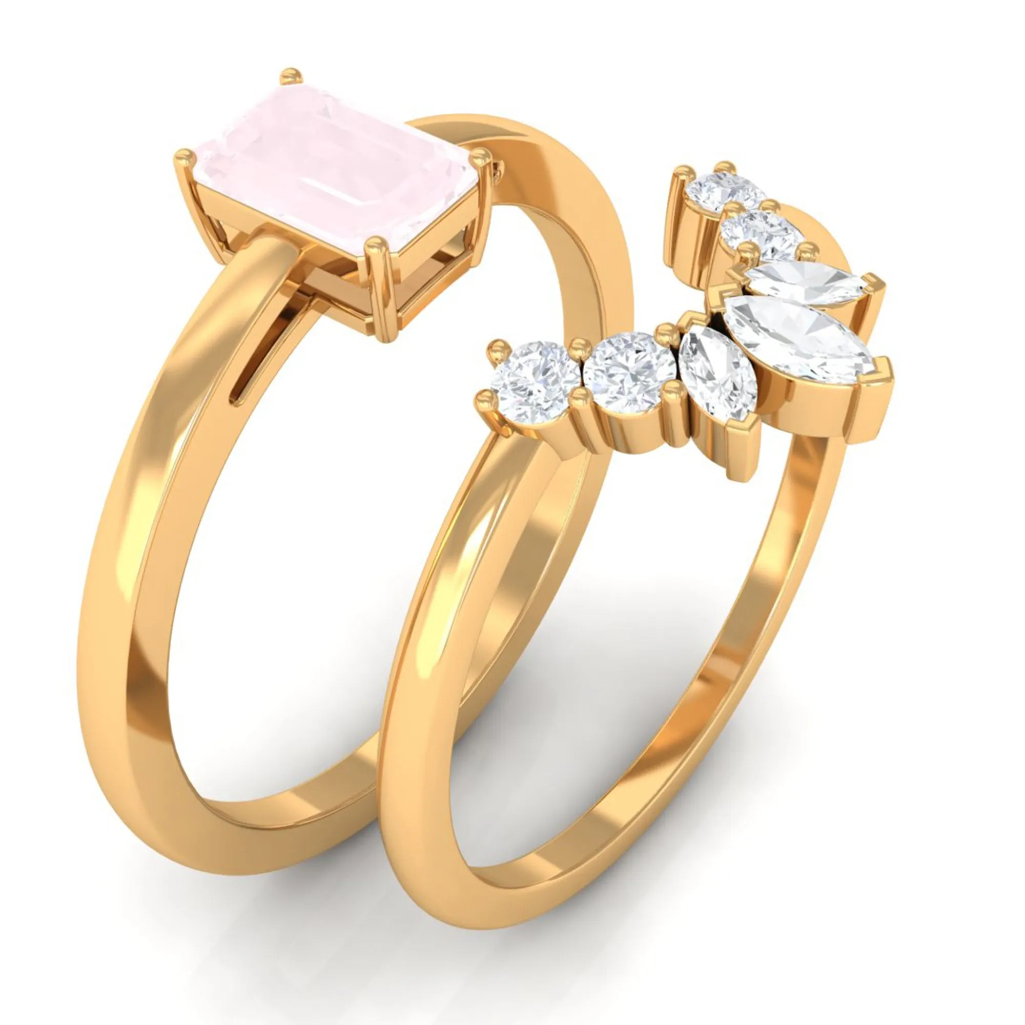 Octagon Cut Rose Quartz Wedding Ring Set with Diamond