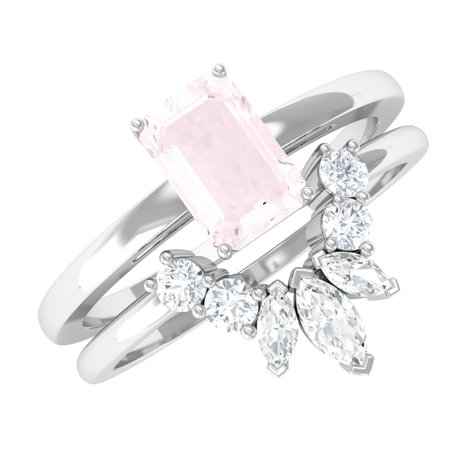Octagon Cut Rose Quartz Wedding Ring Set with Diamond