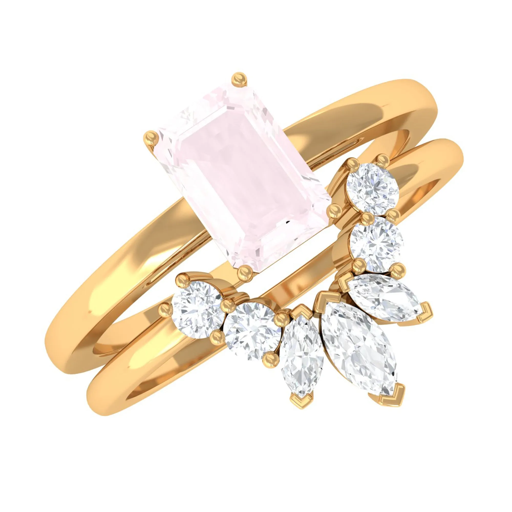 Octagon Cut Rose Quartz Wedding Ring Set with Diamond