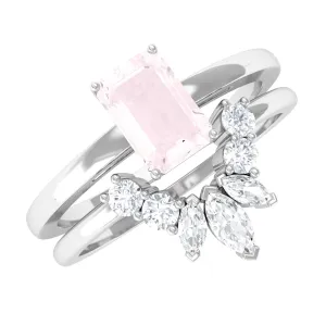 Octagon Cut Rose Quartz Wedding Ring Set with Diamond