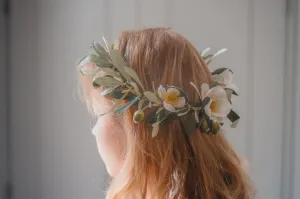 Olive branch wedding crown, olive leaves and cream blossoms, wedding crown, boho wedding crown, Greek style wedding crown