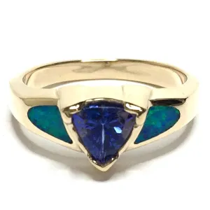 Opal Rings 2 Section Inlaid Design with Trillion Cut Tanzanite Center