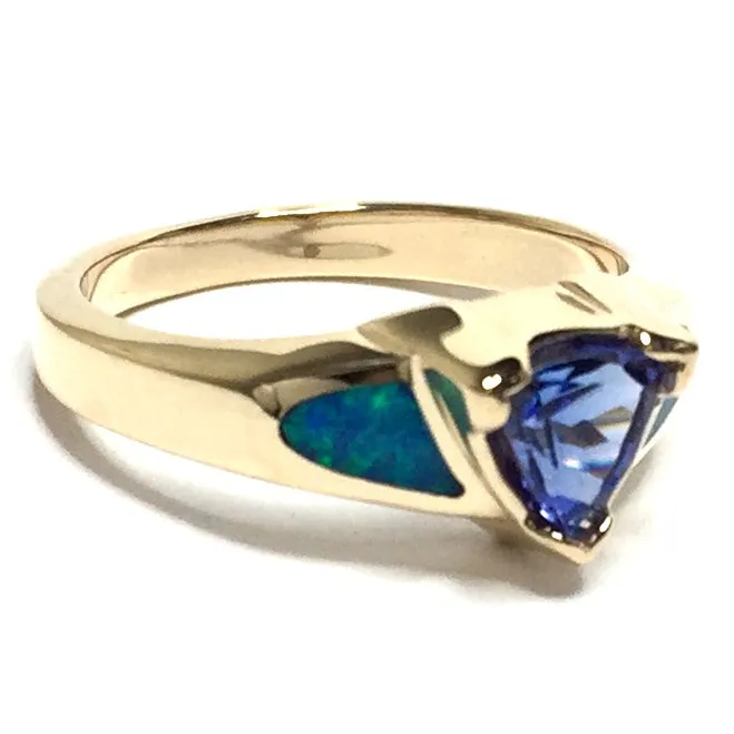 Opal Rings 2 Section Inlaid Design with Trillion Cut Tanzanite Center